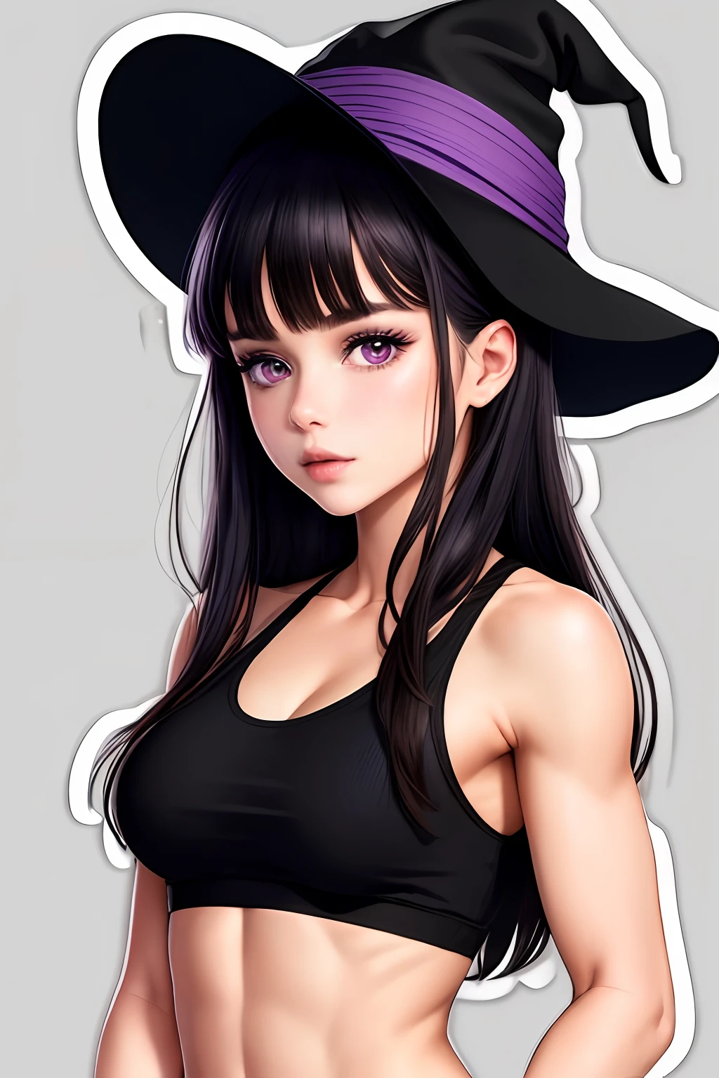 ((stickers)), 1girl, solo, long hair, breasts, looking at viewer, bangs, black hair, gloves, hat, bare shoulders, medium breasts, purple eyes, collarbone, upper body, parted lips, black headwear, muscular, witch hat, tank top, fire, muscular female, black tank top  (masterpiece:1.2), (best quality), (ultra detailed), (8k, 4k, intricate),(highly detailed:1.2),