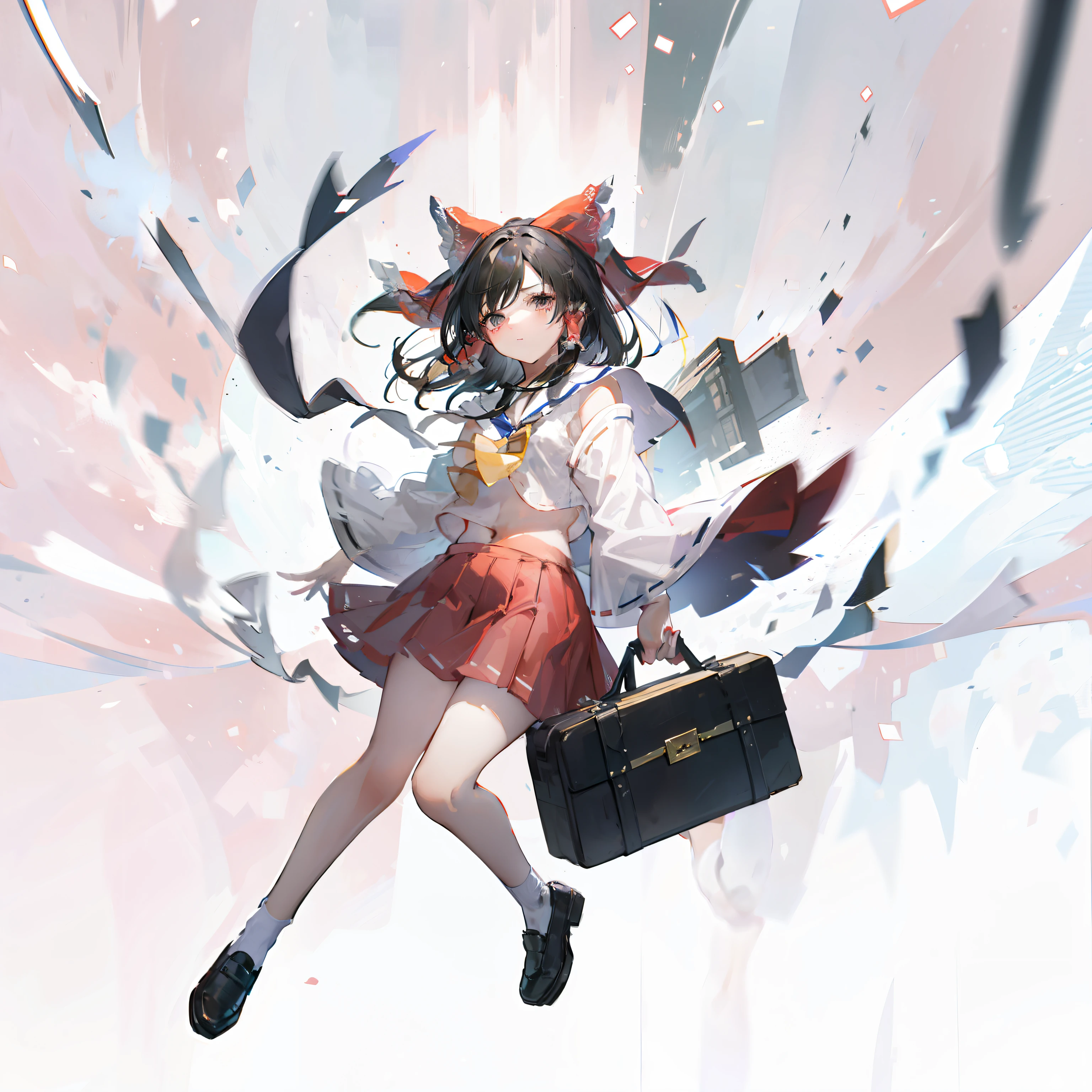 Depiction of a young woman with long hair holding a briefcase, 1 girl, Solo, reimu hakurei, School uniform, Just flat, Skirt, shoes, serafuku,White tops、 White Sailor Uniform, sox, mary janes, School Background, different costume, Long sleeves, Black hair, Full body, Looking at Viewer, Long hair