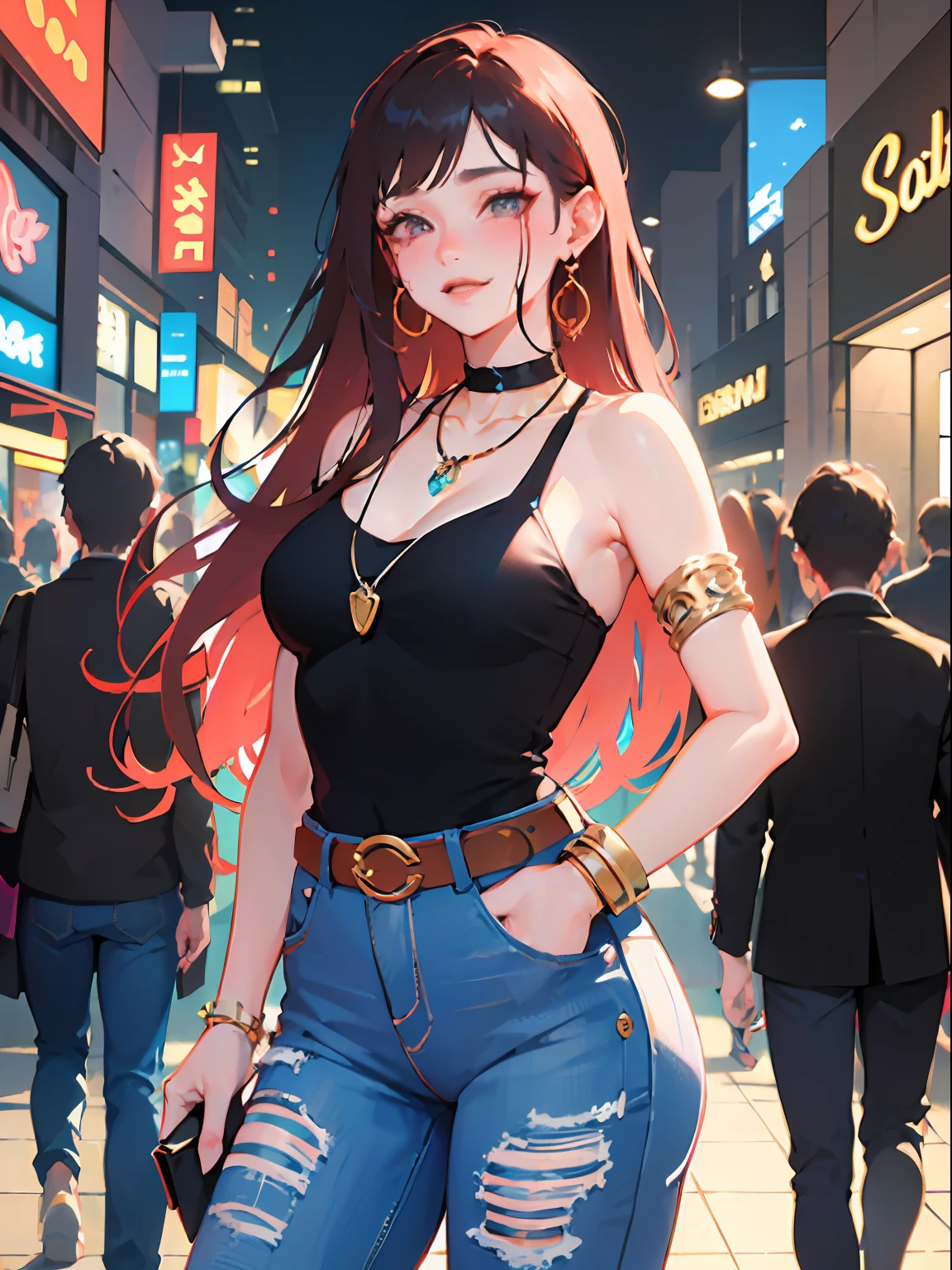 (masterpiece:1.2), (best quality:1.2), perfect eyes, perfect face, perfect lighting, 1boy, mature female, smiling, long red hair, straight hair, sophisticated haircut, stylish, single bare shoulder shirt long, music band print, jewelry, necklace, earrings, armlets, lacey choker, belt, low cut black jeans, thick eyelashes, makeup, eyeshadow, detailed mall background, crowd,glowing cracks, cracked skin, shattered skin, fractured skin, broken skin