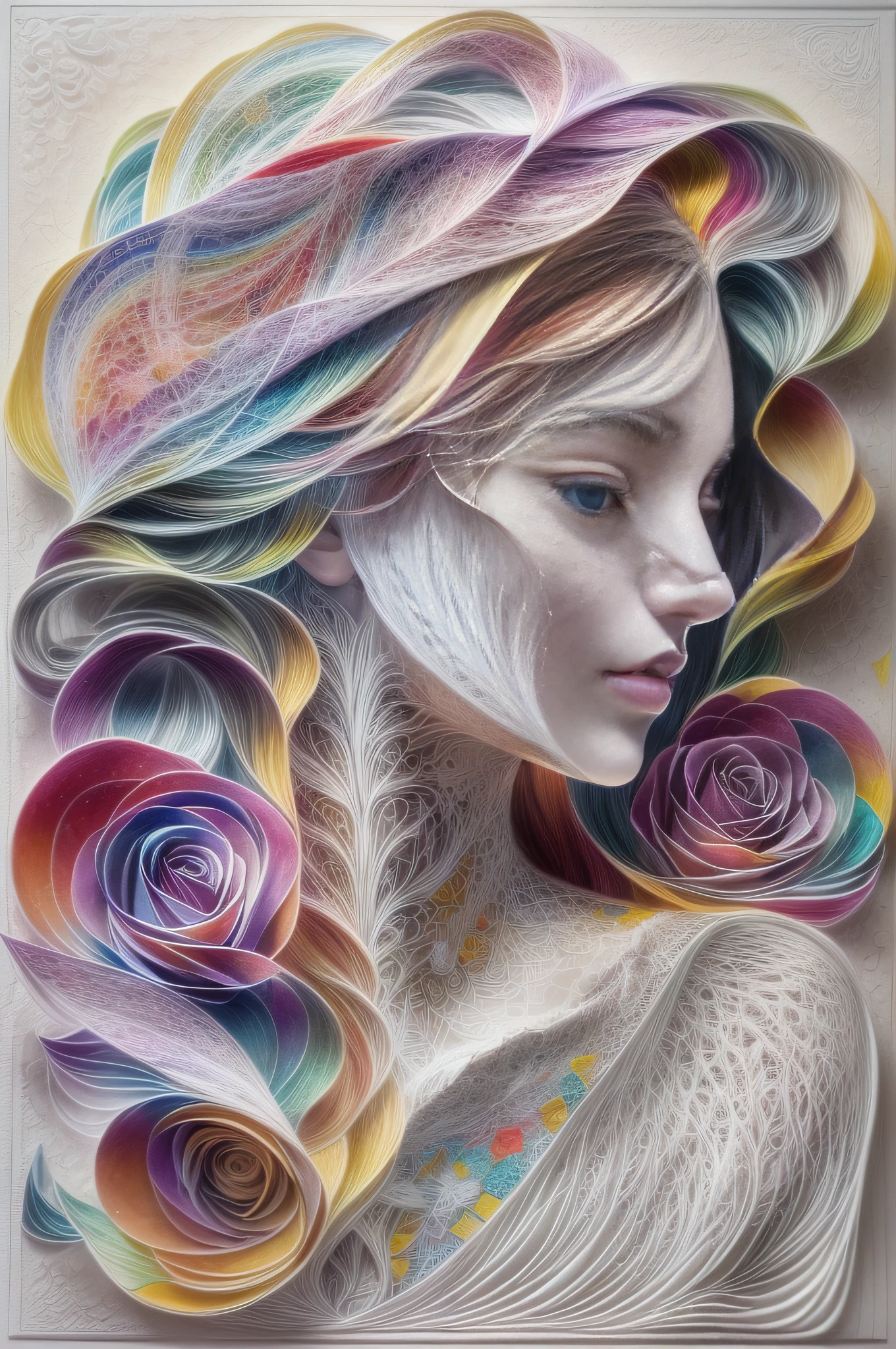 (Hologram projection effect:1.5),(Silhouette of a beautiful woman's avatar,colorful rose),White background,(paper art, Quilted paper art:1.2, geomerty:1.1, zentangle,a 3D render), (Extremely colorful, Best quality, high detal, Masterpiece, Cinematic lighting, 8K)
