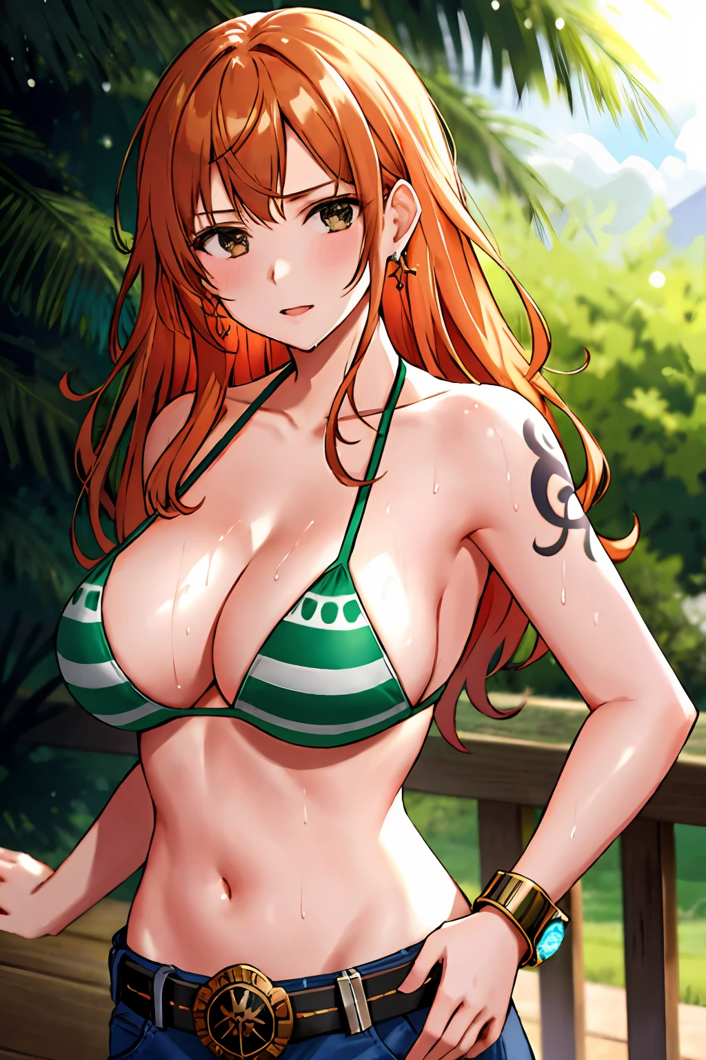 detailed background, masterpiece, 4k, best quality, late youth, adult, wrestler body, 1girl, active, energic, uppercut, (large mouth) , solo, nami \(one piece\), 1girl, bangle, (very wet, drenched in sweat, sweat all over body, very wet hair, tired, taking breath, open mouth, sweaty face, sweaty body, panting, sweating too much, shiny sweat, sweat stains, leaning forward, tilting, waving good bye with both hands), perfect detailed face, bold drawing lines, muscular arms, detailed bold arm lines, flat jaw, adult woman, wavy wide streaked bangs, long left side bangs, floating bang streaks, (big cheeks), bare shoulders, off-shoulders, belt, bikini, bikini top only, blue sky, bracelet, springy breasts, breast lines, big round eyes, plain big brown shiny eyes, bubbles, high eye position, cleavage, cloud, day, denim, earrings, floating hair, shiny hair, green belt, green bikini, bold groin lines, jeans, jewelry, large breasts, log pose, long hair, looking at viewer, navel, wet hair, orange hair, pants, shoulder tattoo, sidelocks, sky, solo, standing, stomach, swimsuit, tattoo , looking at viewer, open mouth, detailed left arm, big forehead, hourglass figure, small head, toned body, wide hair, wind effect, sun effect, under the sun, narrow small ears angle, older, random poses,