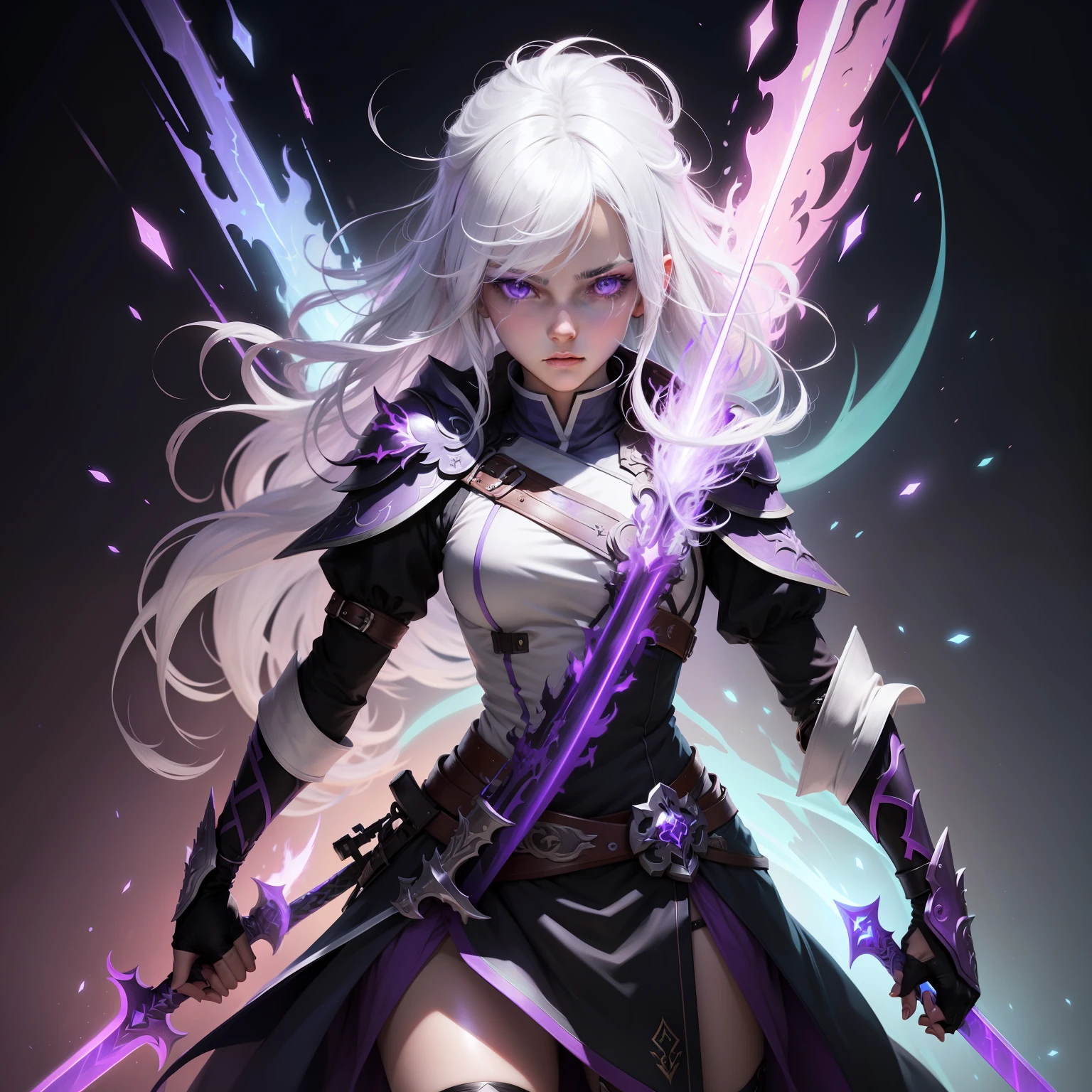 colorful, 1girl, white hair, purple eyes, dual wielding, sword, holding sword, blue flames, glow, glowing weapon, light particles, wallpaper, chromatic aberration,
