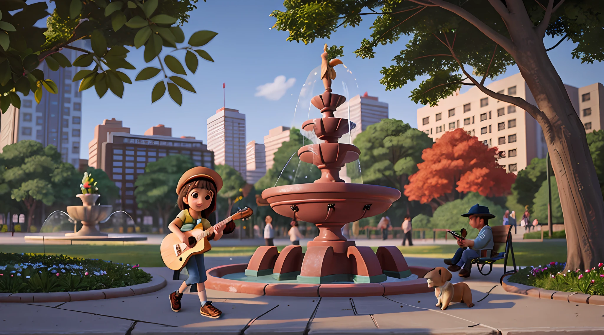 detailed game art illustration，in the afternoon，Sunlight falls on the ground through the gaps between the trees,There is a musical fountain park around the corner，(There is a young girl in casual clothes in the park)，A man in a hat sits on a park bench reading a newspaper，(There was a dog listening to the girl playing the guitar)，{{o cachorrinho}}，[The fountain glows in the sun]，[Some pedestrians]，[Hip hop dancing little boy]，[There are middle-aged people laughing and laughing with friends]，[[A family of three taking photos in the distance]]，[[[High-rise residential]]]，cartoonish style, People view，Atmosphere map，(The fountain is located in the visual center of the picture)，Natural soft light，（The fountain