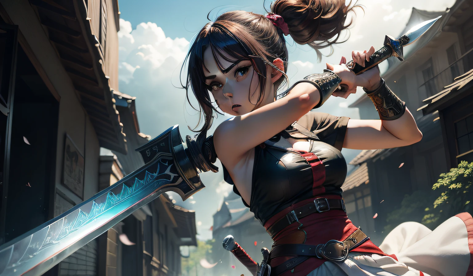 epic anime girl wielding a mighty sword detailed