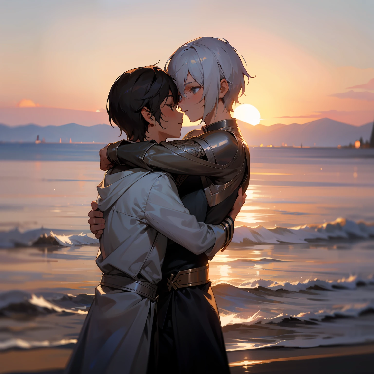 filigree，realisticlying，Photo of silver boy and brunette boy hugging，the setting sun，The light and shadow are intense