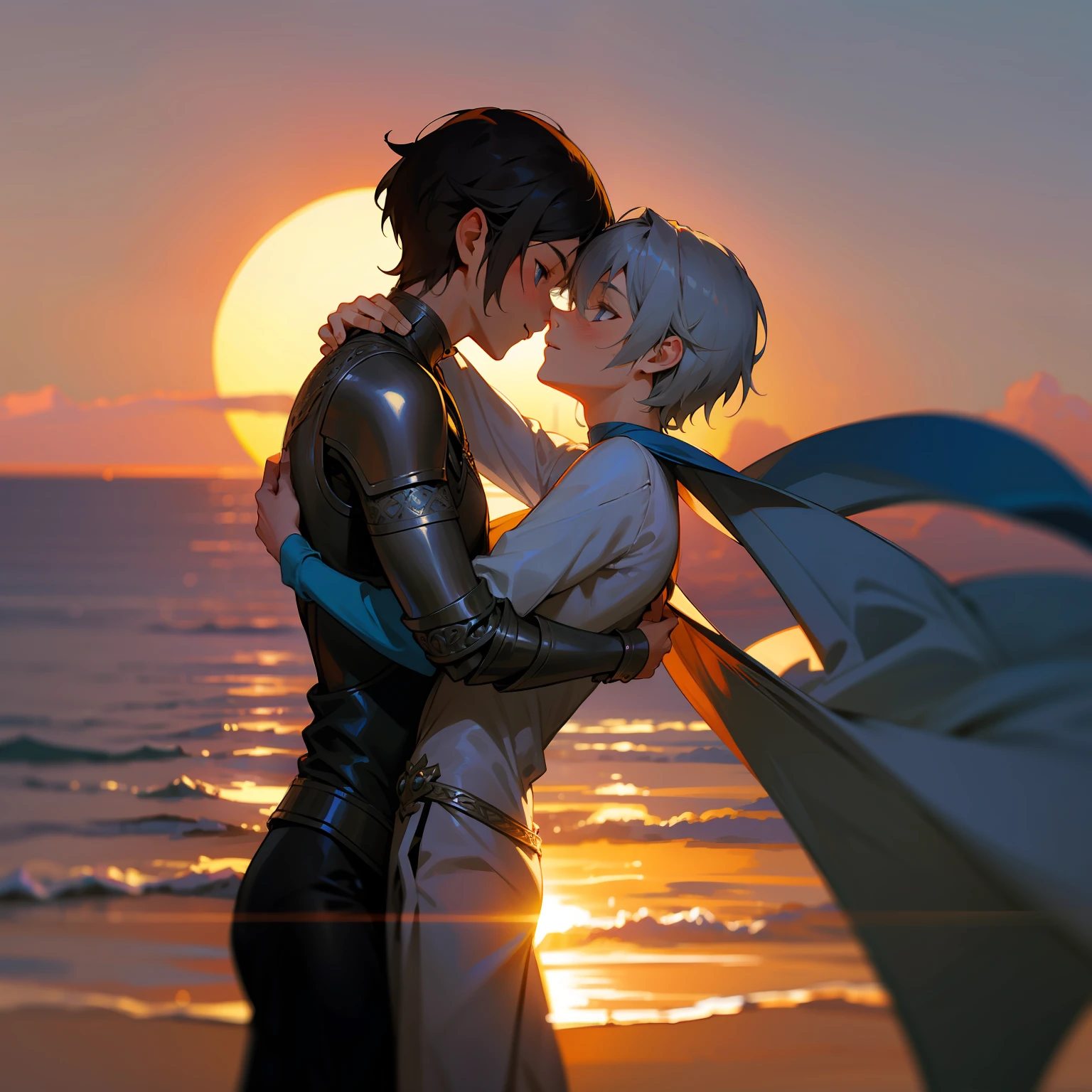 filigree,realisticlying,Photo of silver boy and brunette boy hugging,the setting sun,The light and shadow are intense