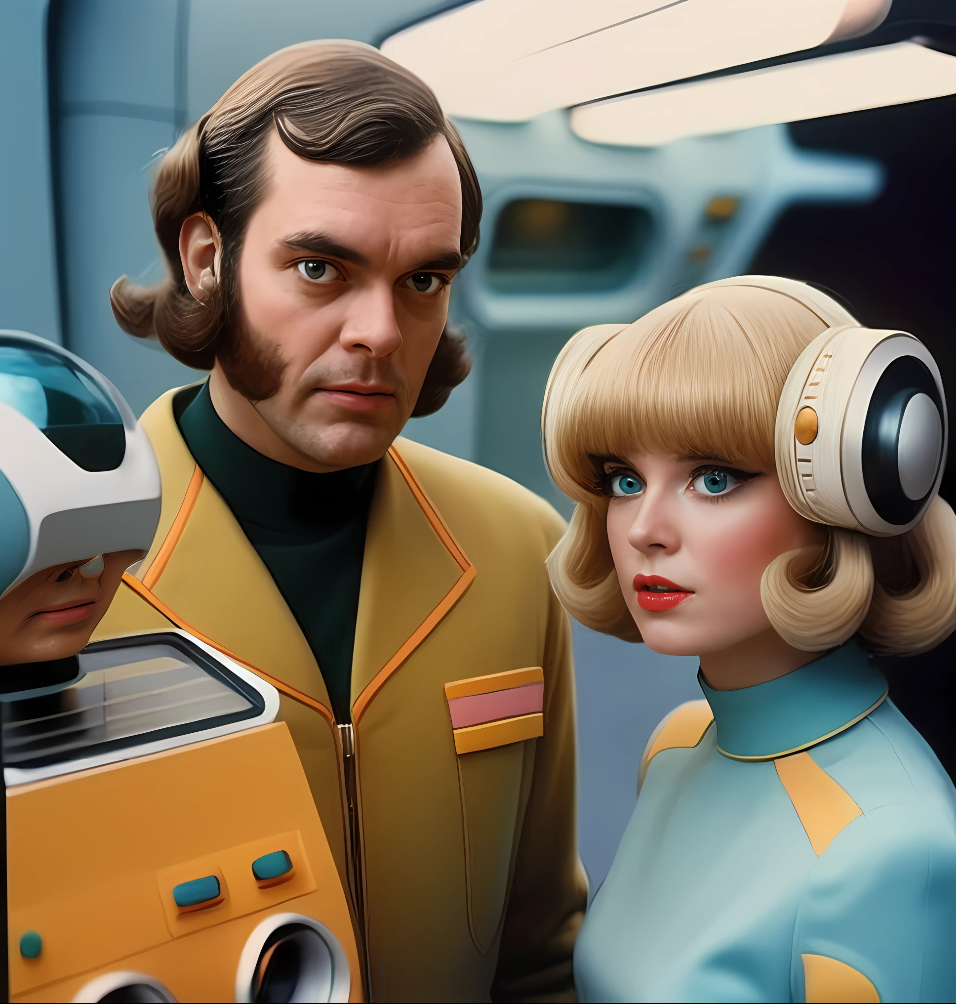there are two people standing next to each other in a room, 7 0's vintage sci - estilo fi, Retro Sci - Imagem de FI, 70s retro sci-fi, 7 0 s science fiction, Space Odyssey, 1 9 7 0's sci - film and science fiction, Sci-fi dos anos 70, cinematic and retro science fiction, Space Odyssey 2 0 0 1 ( Film )