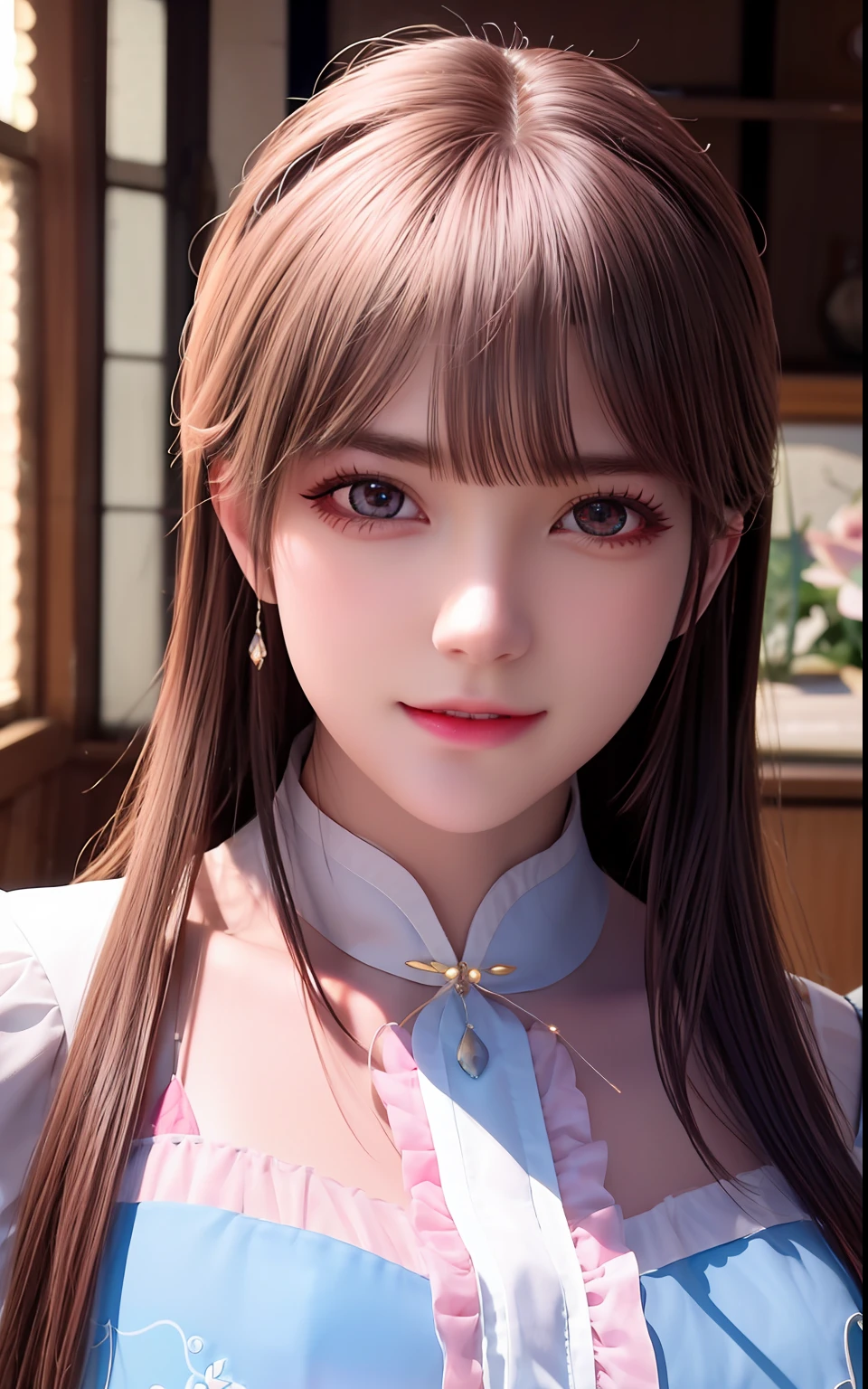 ulzzang -6500-v1.1, (Photorealsitic:1.4), animesque、anime styled、ssmile、portraitures、Beautiful, Moist pink eyes like crystal clear glass、Beautiful detailed woman, extremely detailed eye and face, Beautiful detailed eyes, huge filesize, ultra-detailliert, hight resolution, ighly detailed, top-quality, masterpiece, illustratio, ighly detailed, nffsw, unification, 8k wallpaper, splendid, finely detail, masterpiece, top-quality, Highly detailed ticker uniform 8K wallpaper, Light on the Face、电影灯光、19-year-old girl