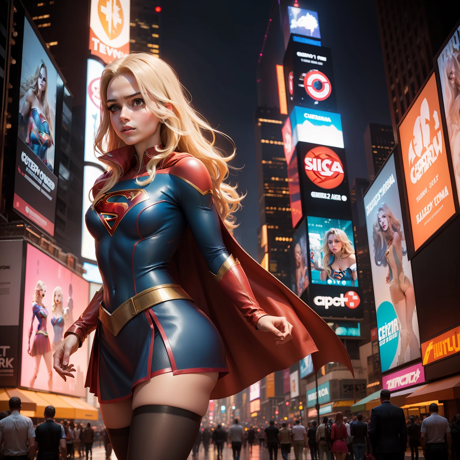 na Cidade de nova york, time square, Mulher bonita cabelo curto corpo definido seios grandes, vestindo cosplay de Supergirl