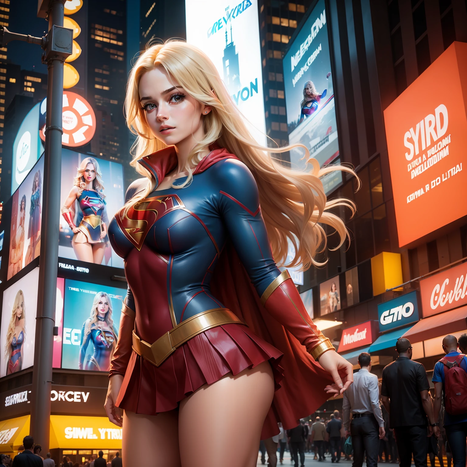 na Cidade de nova york, time square, Mulher bonita cabelo curto corpo definido seios grandes, vestindo cosplay de Supergirl