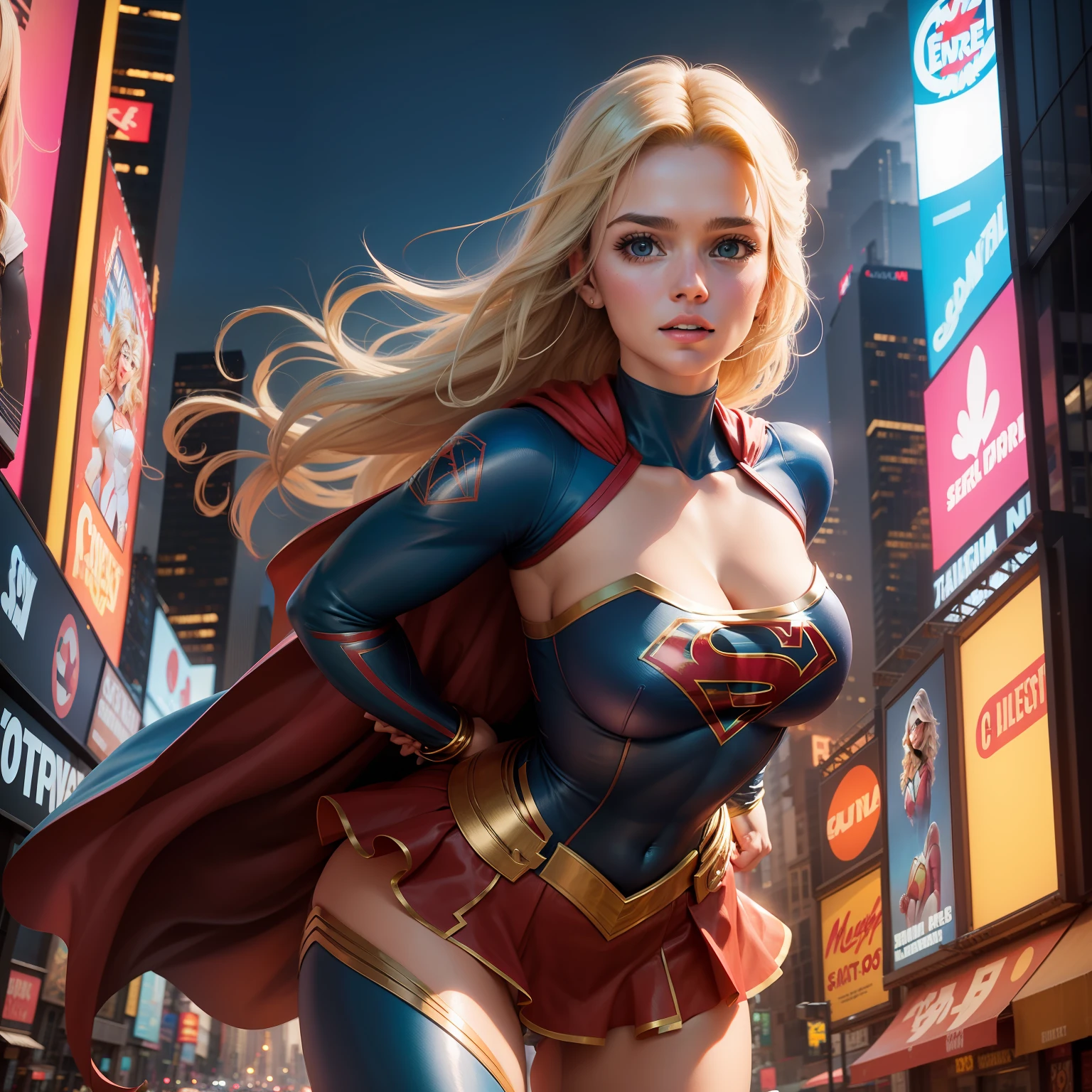 na Cidade de nova york, time square, Mulher bonita cabelo curto corpo definido seios grandes, vestindo cosplay de Supergirl