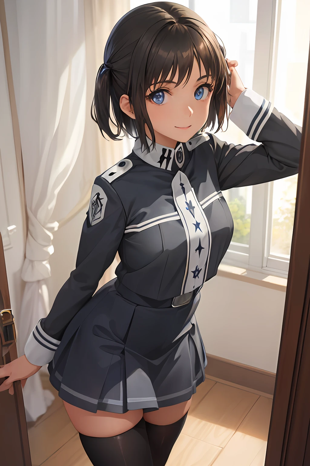 absurdres, highres, ultra detailed, detailed reflecting eyes by professional digital painting,  (1girl:1.3), Ronye Arabel, wariza, short hair, blue eyes, RonyeUniform, long sleeves, school uniform, grey skirt, black thighhighs, smile