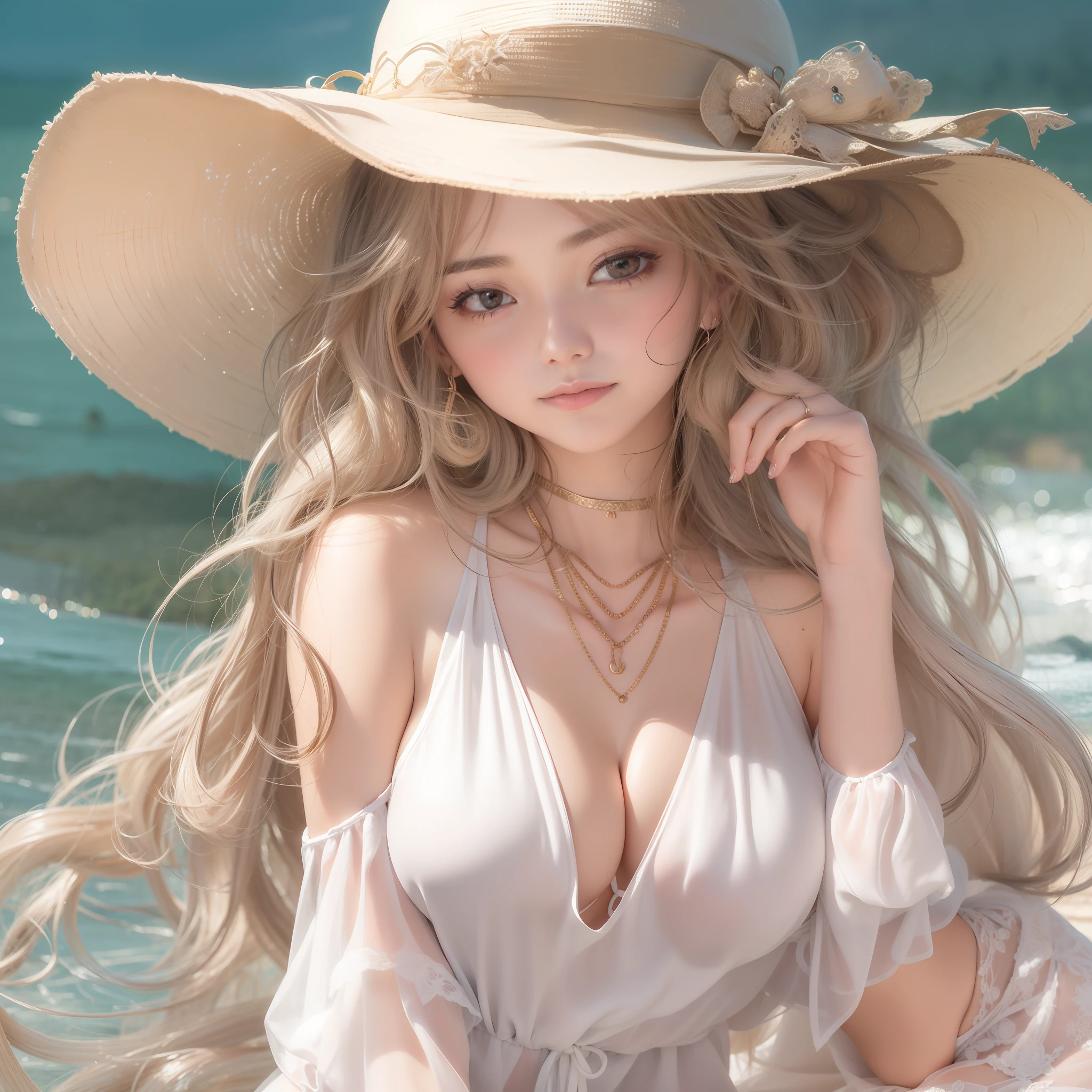 (masterpiece:1.2、top-quality)、(1lady、独奏、The upper part of the body:1.2)、 garments:Sheer Maxi Dress、a wide-brimmed hat、and strappy sandals、 accessory:shell necklace、 The hair:Loose wavy ponytail、 make - up:natural, Glowing skin、 BEReaction:relax、easygoing、Free-spirited、 The location:the beach、Resort、outdoor festival、Akame、Colossal tits、