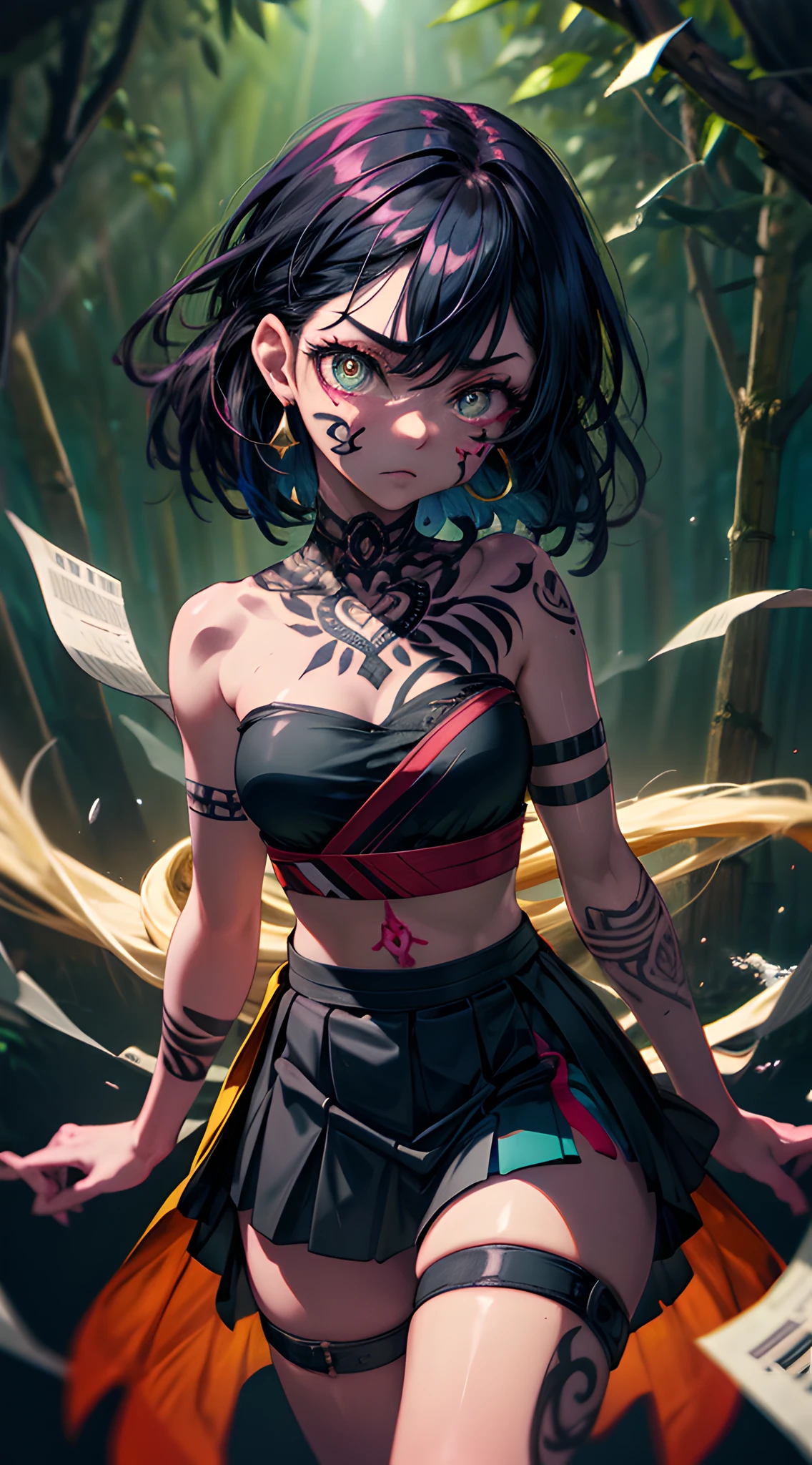 (masterpiece, best quality:1.3), 8k, , official art, raw photo, incredibly absurdres, beatiful girl, medieval, tiger stripe pattern, (face painting, tribal tatoo, wrap tube top, wrap skirt, black hair, forest, jungle, cinch waist, thighs, cowboy shot:1.3), navel, angry, tribal pattern, leafs, looking at viewer, film grain, chromatic aberration, sharp focus, facelight, HDR, dynamic lighting, (highest detailed, extreme detailed, ultra detailed, finely detail:0.8), [delicate facial features, detailed face and eyes, sharp pupils, realistic pupils:12], (simple background:1.2), detailed tribal tatoo, detailed tribal tatoo, tribal tatoo, tribal tatoo, tribal tatoo, tribal tatoo, tribal tatoo, tribal tatoo, tribal tatoo, tribal tatoo, tribal tatoo, tribal tatoo, tribal tatoo, tribal tatoo, tribal tatoo, tribal tatoo, tribal tatoo, tribal tatoo, tribal tatoo, tribal tatoo, tribal tatoo, tribal tatoo, tribal tatoo, tribal tatoo, tribal tatoo, tribal tatoo, tribal tatoo and tribal tatoo