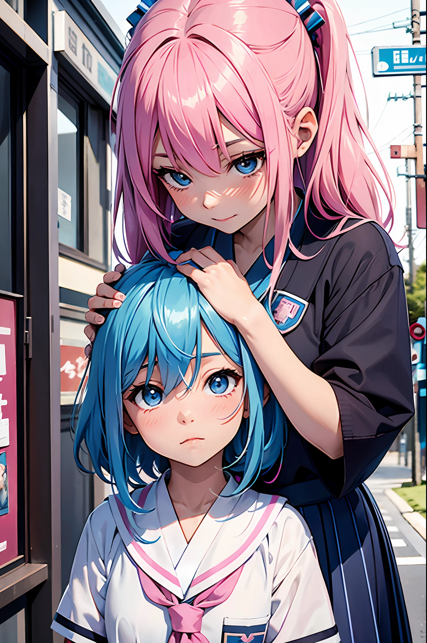 Pink hair girl caressing the head of a girl with blue hair. Japan schoolgirl wearing uniform