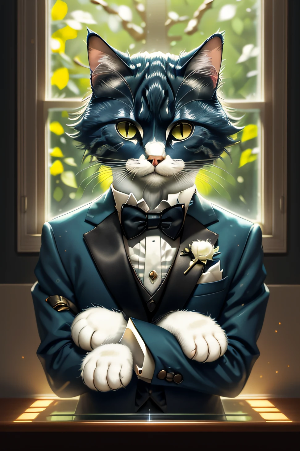 earl,noble,Close up photography(Beautiful tuxedo cat:1.2),(c4ttitude:1.3),On glass window sills,Ultra photo realsisim,Complicated details,(mist:1.1)a warm color palette