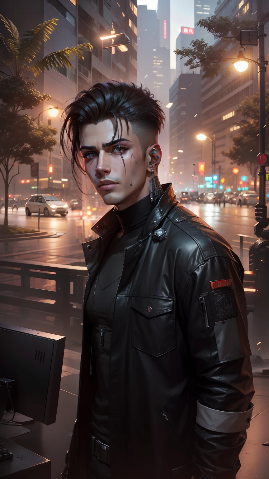 Change background cyberpunk handsome boy, realistic face, 4k ultra realistic,