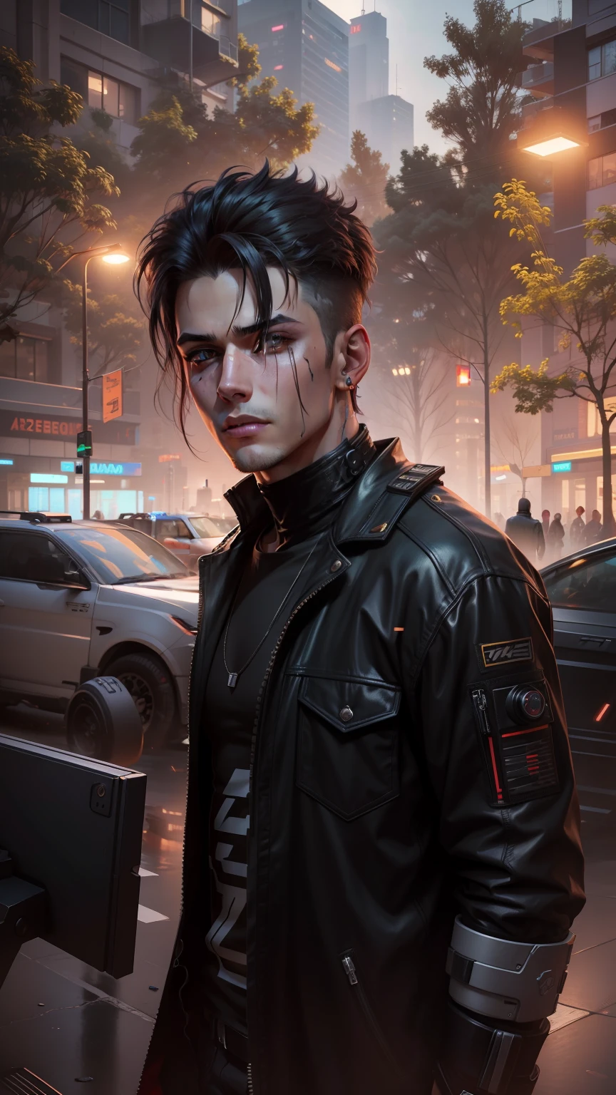 Change background cyberpunk handsome boy, realistic face, 4k ultra realistic,