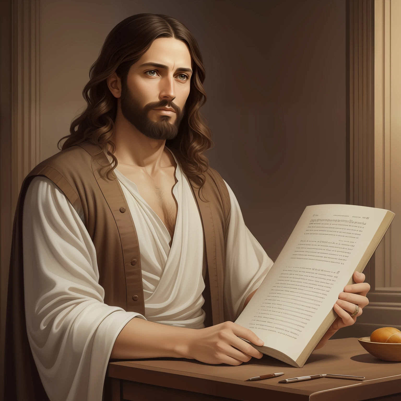 A beautiful ultra-thin realistic portrait of Jesus, the prophet, a man 33 years old Hebrew brunette, short brown hair, long brown beard, wearing long linen tunic closed on the chest part, in front view, full body, biblical, realistic,by Diego Velázquez,Peter Paul Rubens,Rembrandt,Alex Ross,8k, Concept Art, PhotoRealistic, Realistic, Illustration, Oil Painting, Surrealism, HyperRealistic, pray , Digital art, style, watercolor, natural background