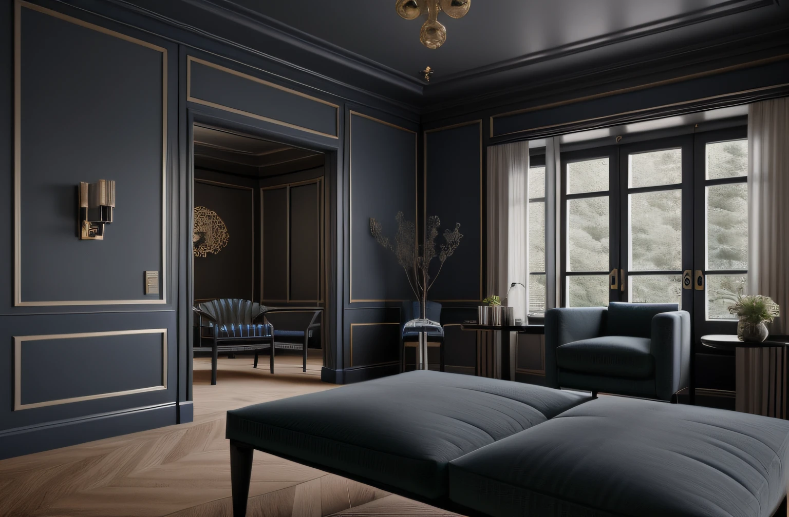 Modern black living room design furniture ideas with blue walls, ((2 dark blue armchairs:1.5)), ((a gray sofa on the right and a black baroque table in the middle 1.5)).   dans le style indigo clair et gris clair, Scandinavian style of the 20th century, Dramatic lighting furniture, Masterpiece, Best quality, photoreallistic, Design moderne, Interior Design