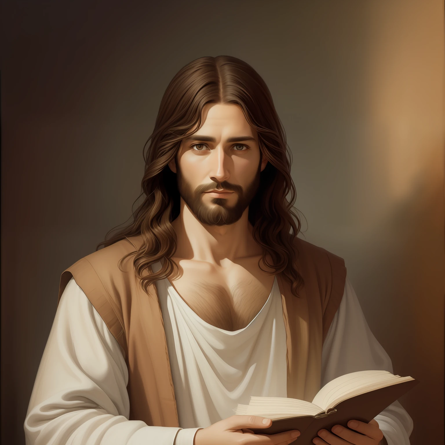 A beautiful ultra-thin realistic portrait of Jesus, the prophet, a man 33 years old Hebrew brunette, short brown hair, long brown beard, wearing long linen tunic closed on the chest part, in front view, full body, biblical, realistic,by Diego Velázquez,Peter Paul Rubens,Rembrandt,Alex Ross,8k, Concept Art, PhotoRealistic, Realistic, Illustration, Oil Painting, Surrealism, HyperRealistic, pray , Digital art, style, watercolor, natural background