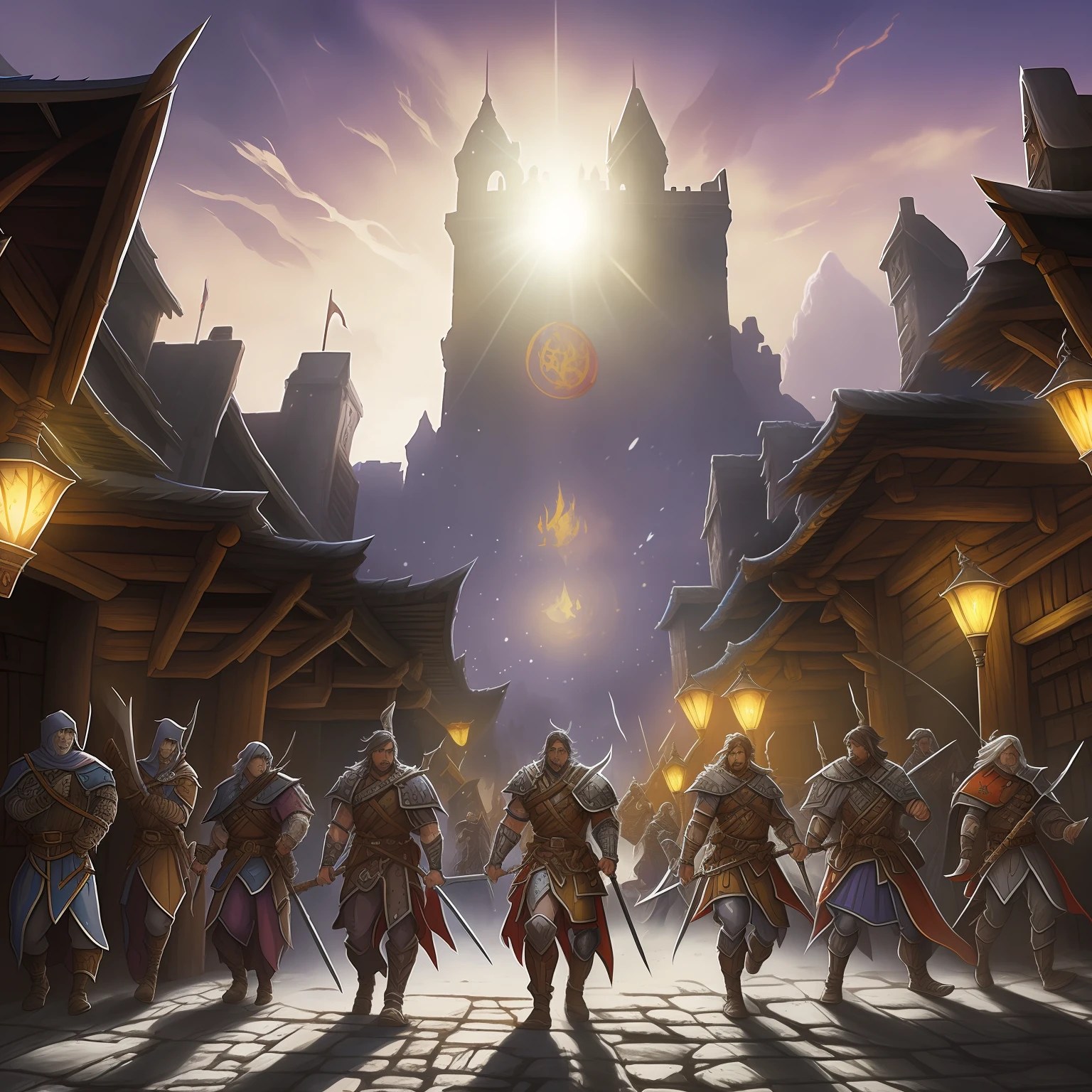 dungeons and dragons men warrior, sword and shield, plate armor, cartoon style, western cartoon style, pathfinder rpg, rpg, dungeons and dragons, great city background, multiple people walking, heroic posing warrior, smile, scar in face, darkest dungeon.