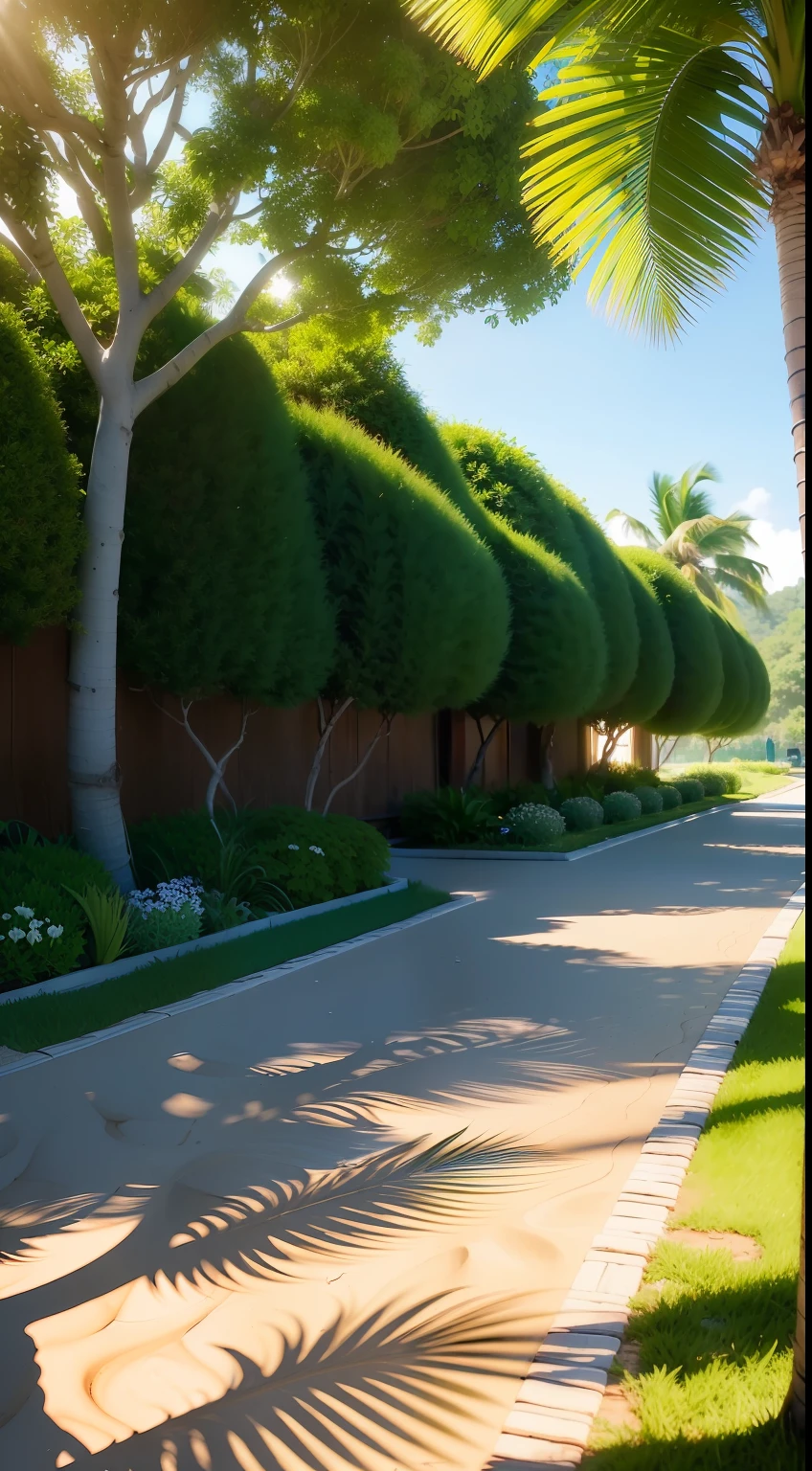 Masterpiece, best quality, (very detailed CG unity 8k wallpaper), (best quality), (best illustration), (best shadows), nature, surrounded by flowers, (natural elements), (leaves), (twigs), (particle effects), 3D , Octane rendering, ray tracing, super detailed, (beach), sunlight, white sand, many coconut trees, banana trees, tailors