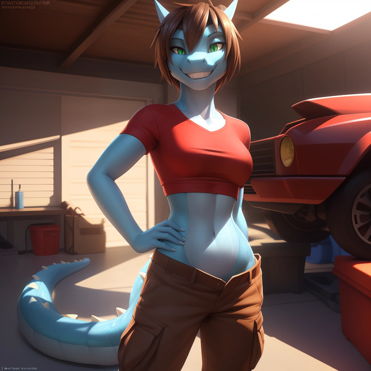 [Uploaded to e621.net; (Pixelsketcher), (wamudraws), (oughta)], ((masterpiece)), ((solo portrait)), ((scalie; anthro)), ((detailed scales)), ((raytracing)), ((detailed shading)), ((raw photo)), ((beautiful 3D art)), ((front)), {anthro salamander; (light blue skin, shiny skin), half-closed light green eyes, short brown hair, (seductive gaze), (bedroom eyes), (toothy grin), (sharp white teeth)}, {(red tee shirt, brown cargo pants, (midriff)), (thin curvaceous hips), (athletic)}, {(Standing), (looking at viewer)}, [background; (garage); (sunny), (garage door)]