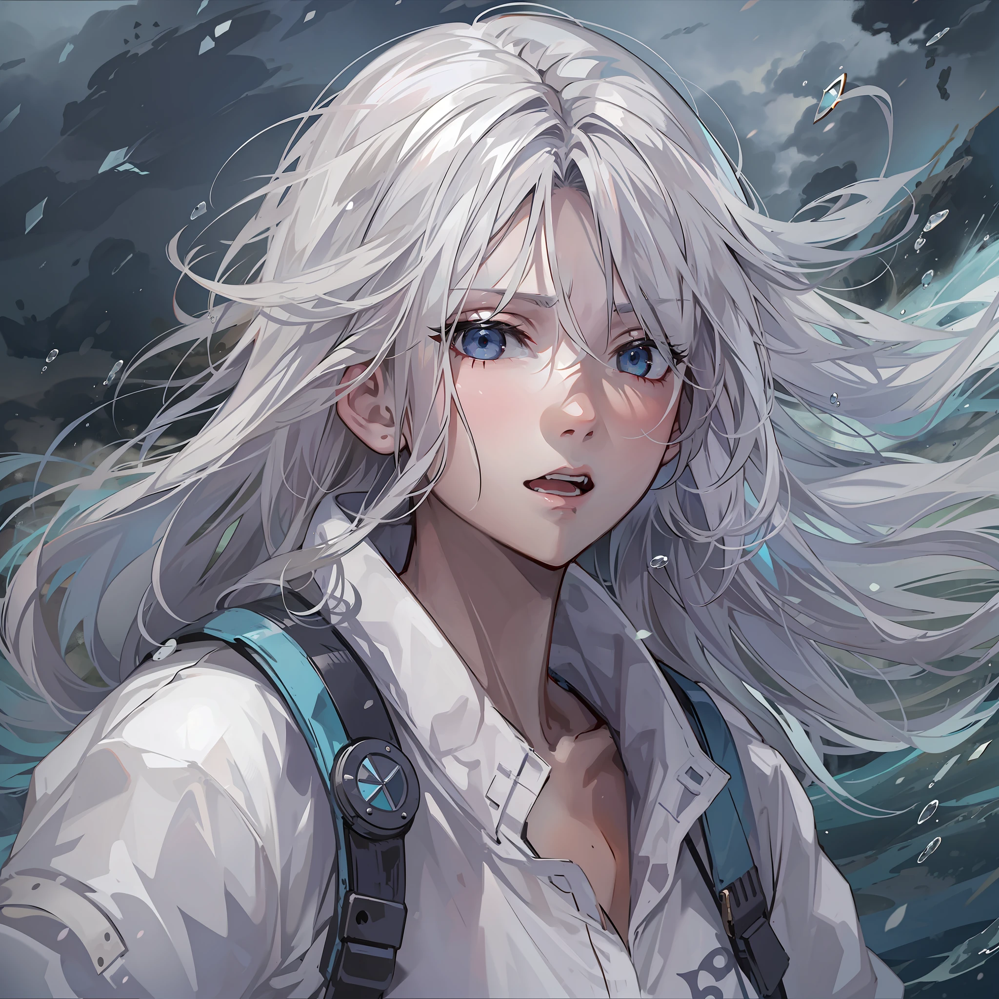 Girl with typhoon elements,personification,The expression is cool,long whitr hair