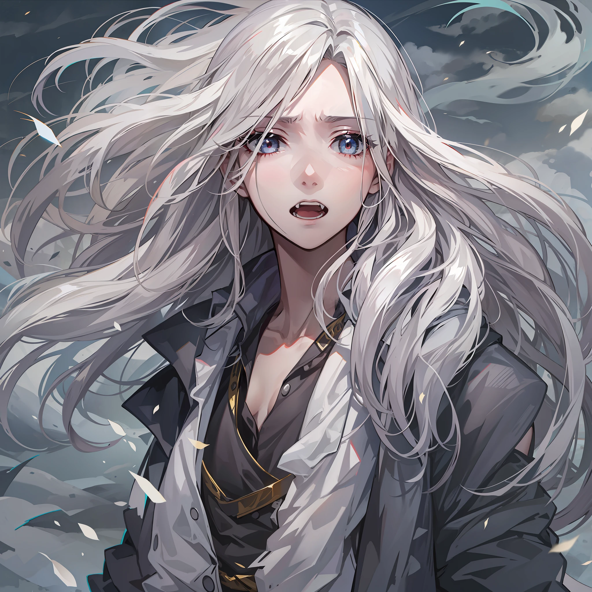 Girl with typhoon elements，personification，The expression is cool，long whitr hair