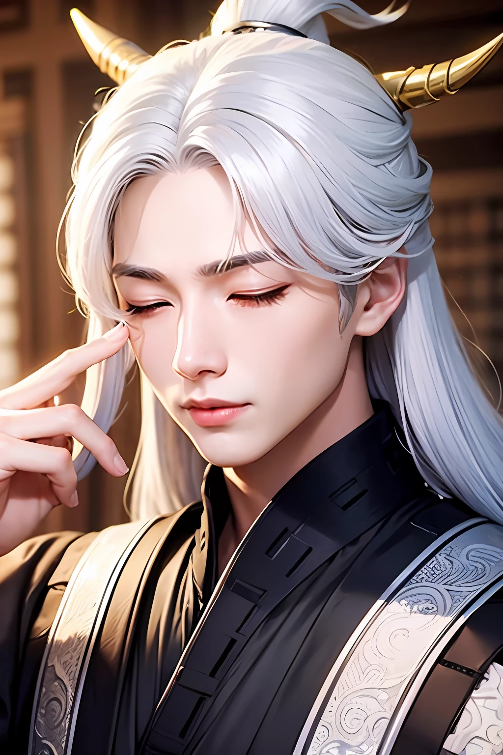 Male White hair Young Wearing Han clothes Wuxia with eyes closed Dragon horns on his head