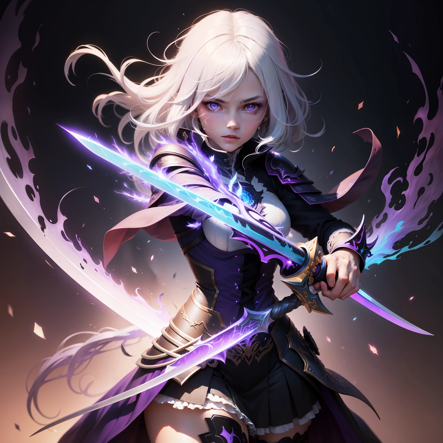 colorful, 1girl, white hair, purple eyes, dual wielding, sword, holding sword, blue flames, glow, glowing weapon, light particles, wallpaper, chromatic aberration,