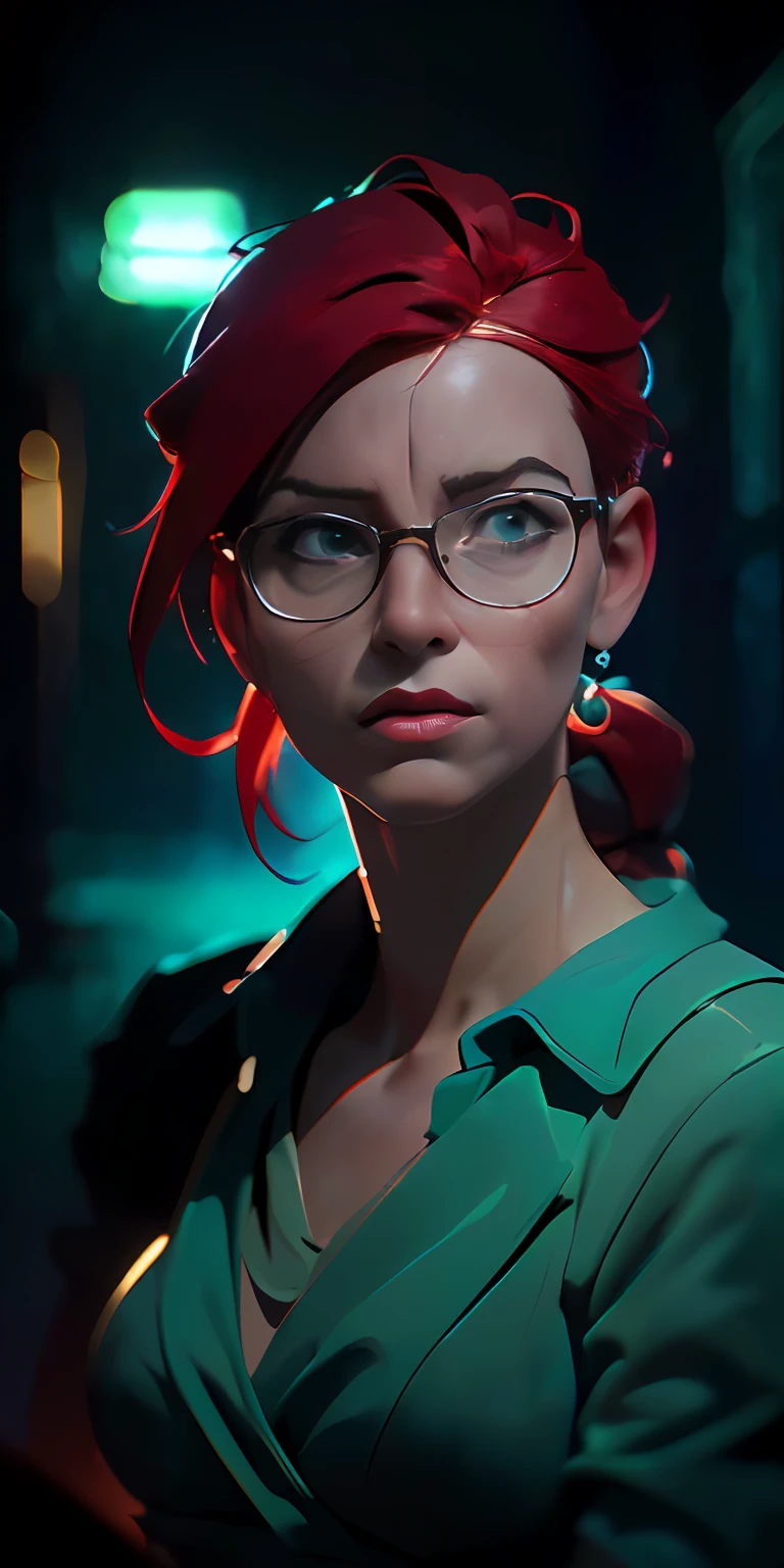 (Character: one irish woman, (40 years old), red hair, ponytail hair)
(Clothing: cyan vintage dress, glasses)
(Background: dark alley at night:1.3, intense urban lights in background)
(Style: ((masterpiece:1.5)), (face detailed), photo-realistic:1.3, hyperrealistic, film grain, realistic lighting, backlighting:1.3)