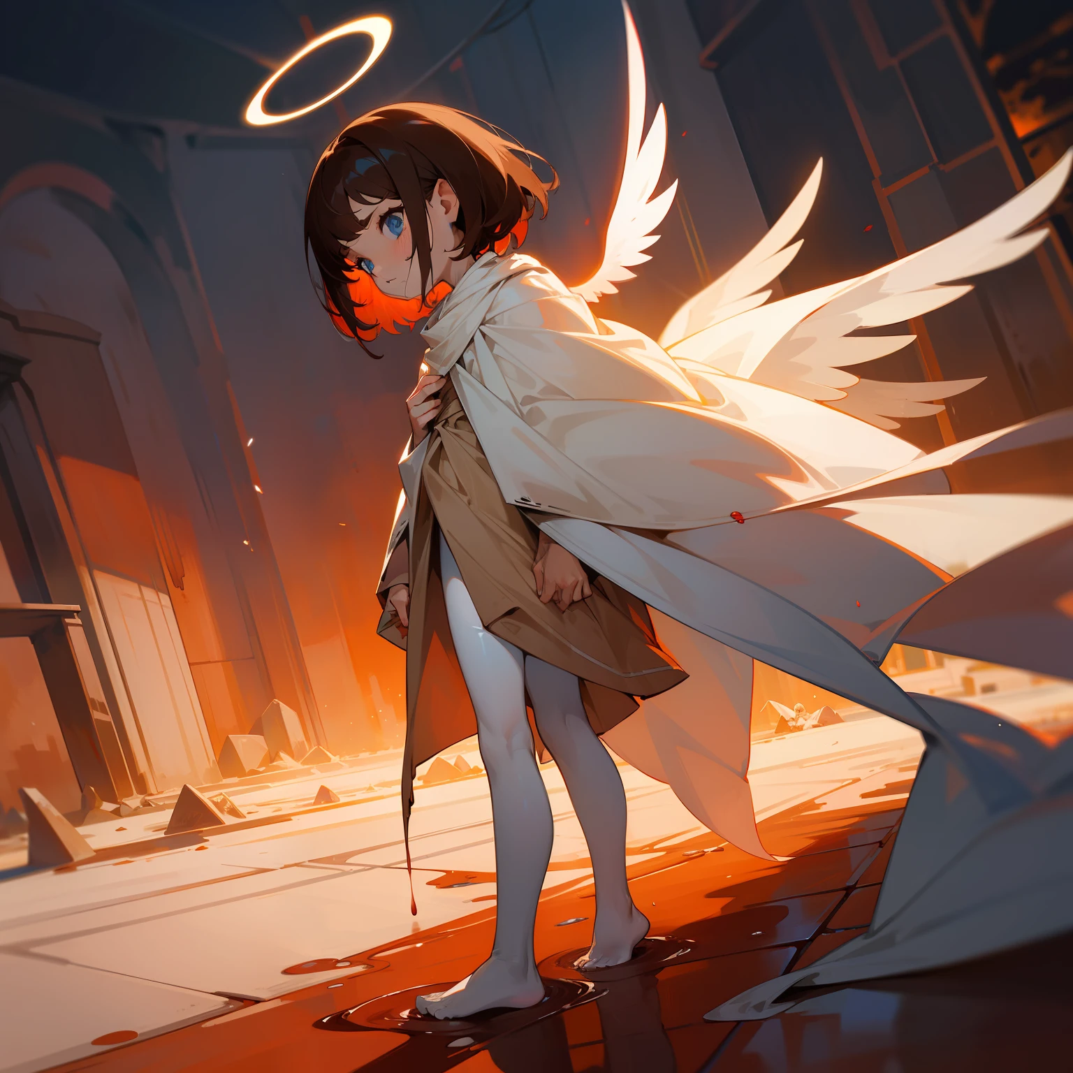 Empty eyes, blue crystal eyes, crystal like eyes, short hair, brown hair, ear length ear, fluffy hair, halo, angel wings, white long shawl, pale, barefoot with pantyhose, no shoes, pantyhose, looking down at their corpse, night time, dark, glow around character, frowning, dark hair, dark brown hair, very short hair, androgynous, child, young ???, bloody, on road, bloody road, lots of blood, bloody shawl, bloody feet, empty eyes, swept bangs, standing up, looking at ground, looking down at corpse, horror. car light in background, wounds, blood, red, 2 arms, chibi, shawl covering full torso, dead body, person on ground laying down, blood around them, red liquid everywhere on road and clothes