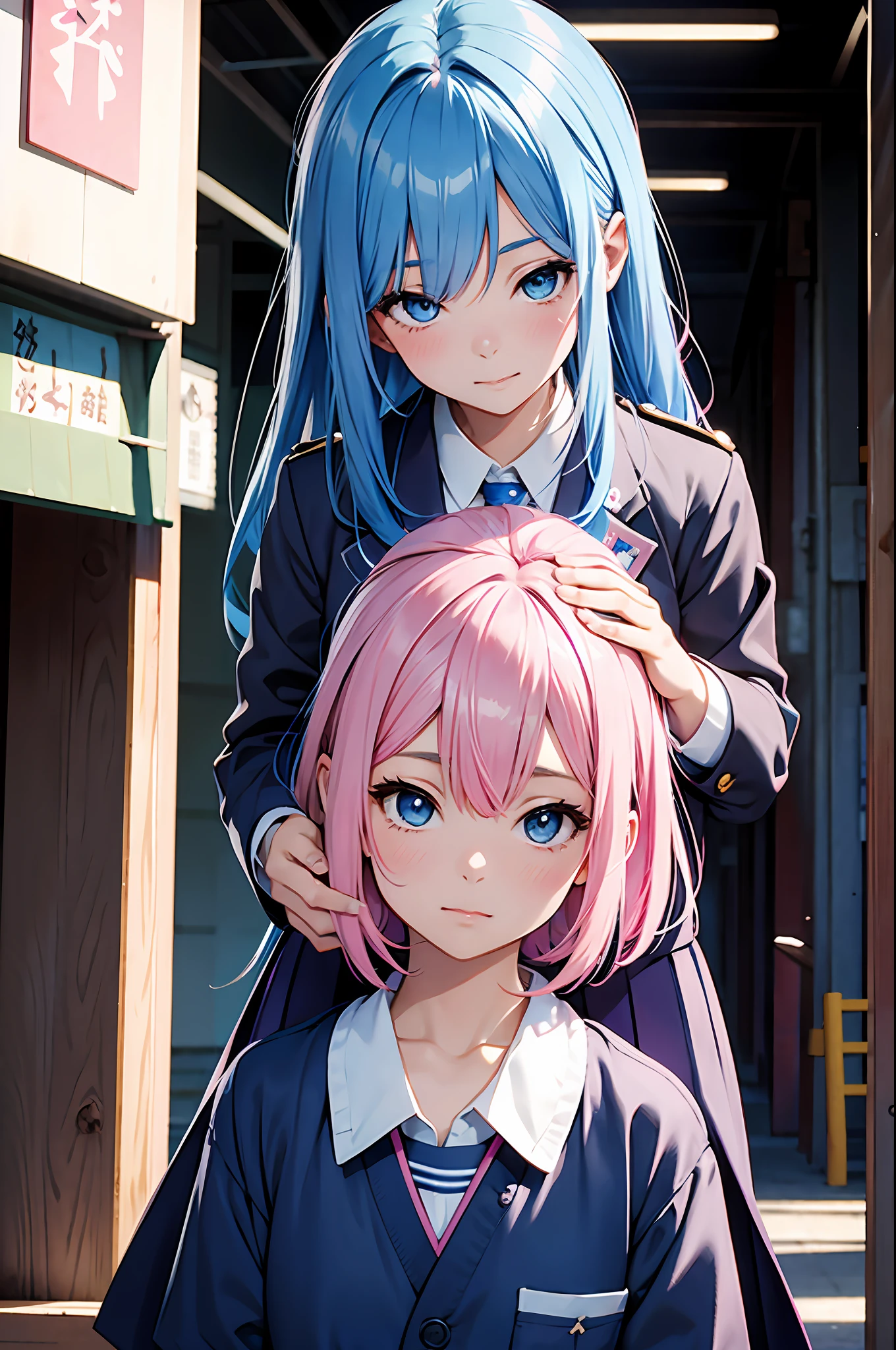 Pink hair girl caressing the head of a girl with blue hair. Japan schoolgirl wearing uniform