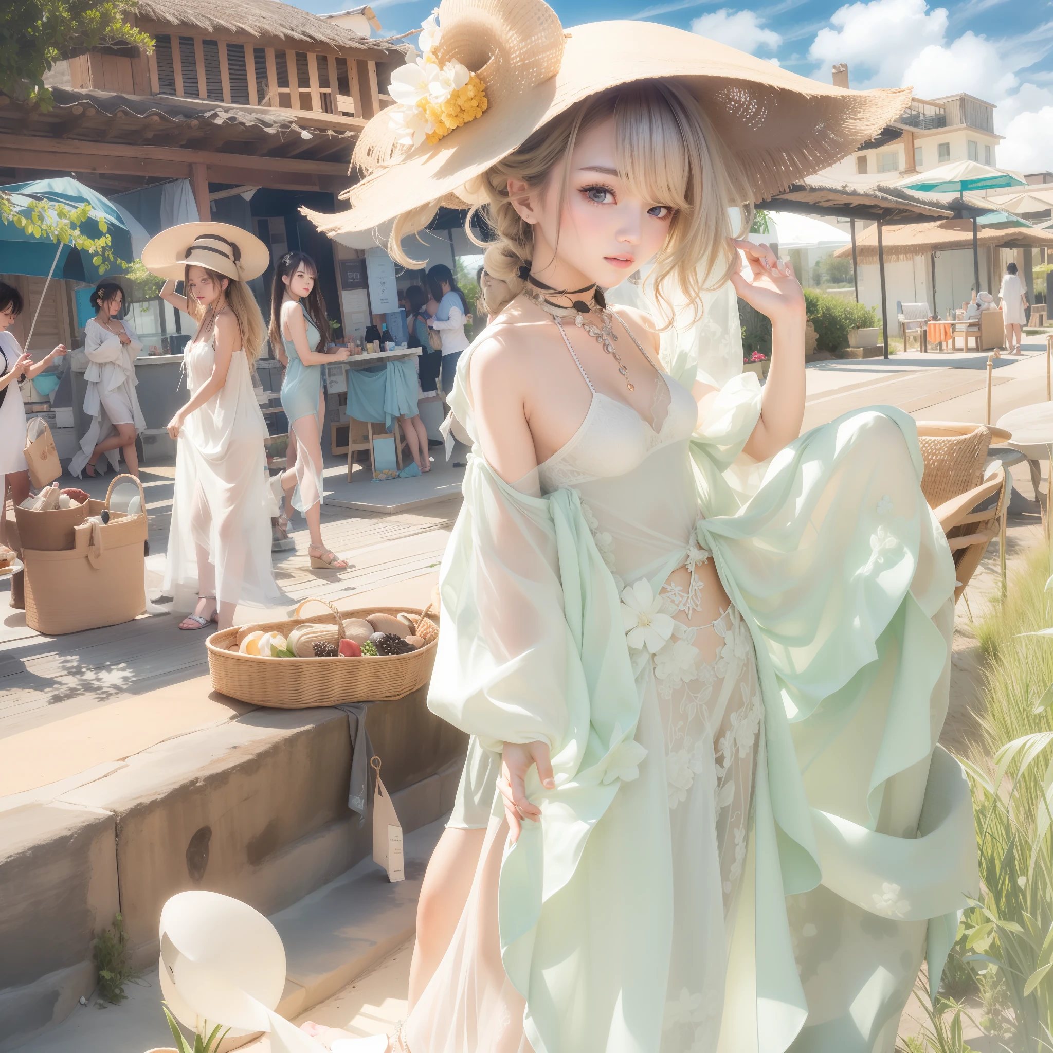 (​masterpiece:1.2、top-quality)、(1lady、独奏、The upper part of the body:1.2)、 garments:Sheer Maxi Dress、a wide-brimmed hat、and strappy sandals、 accessory:shell necklace、 The hair:Loose wavy ponytail、 make - up:natural, Glowing skin、 BEReaction:relax、easygoing、Free-spirited、 The location:the beach、Resort、outdoor festival、Akame、Colossal tits、
