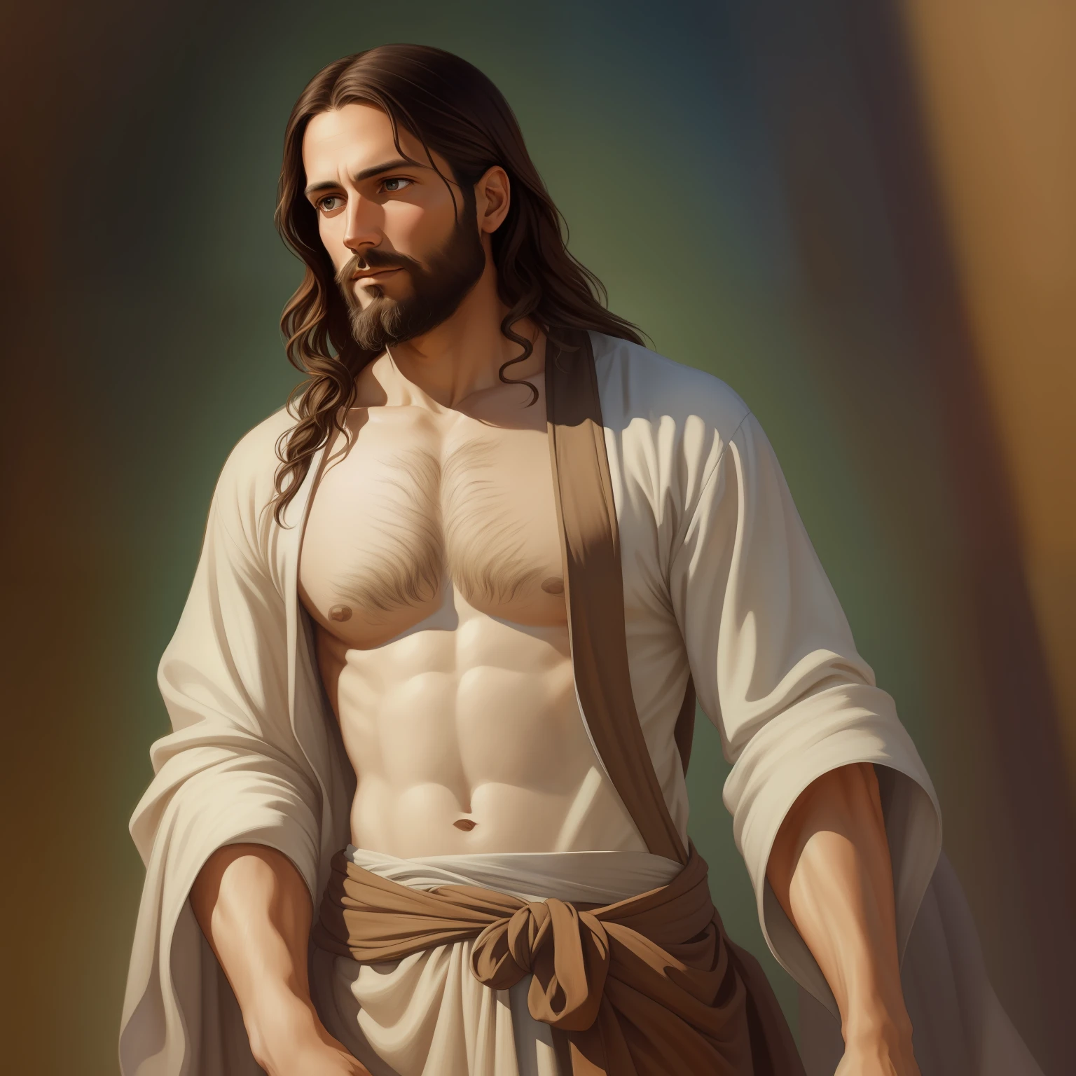 A beautiful ultra-thin realistic portrait of Jesus, the prophet, a man 33 years old Hebrew brunette, short brown hair, long brown beard, wearing long linen tunic closed on the chest part, in front view, full body, biblical, realistic,by Diego Velázquez,Peter Paul Rubens,Rembrandt,Alex Ross,8k, Concept Art, PhotoRealistic, Realistic,  Illustration, Oil Painting, Surrealism, HyperRealistic, pray , Digital art, style, watercolor, natural background