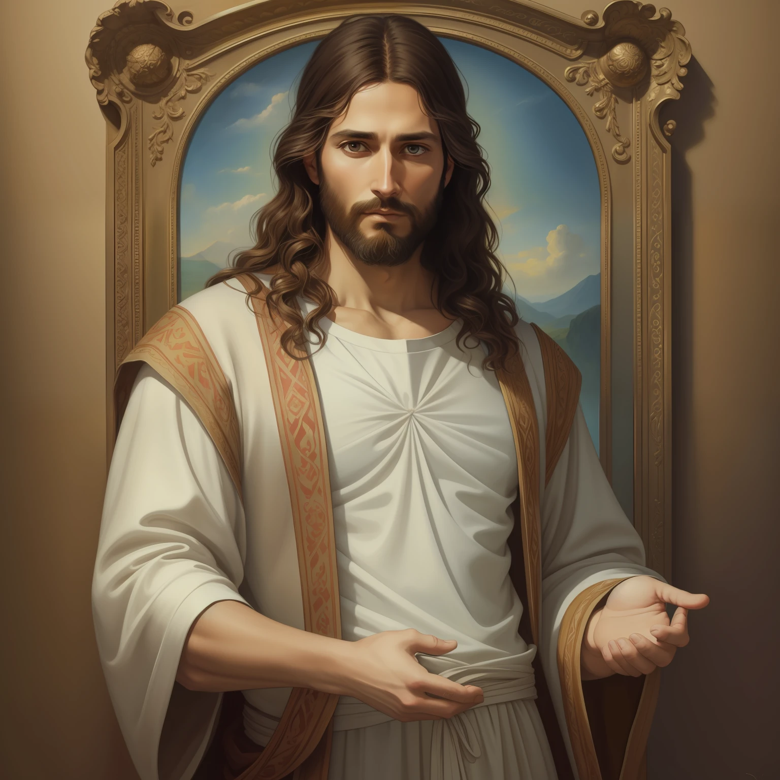 A beautiful ultra-thin realistic portrait of Jesus, the prophet, a man 33 years old Hebrew brunette, short brown hair, long brown beard, wearing long linen tunic closed on the chest part, in front view, full body, biblical, realistic,by Diego Velázquez,Peter Paul Rubens,Rembrandt,Alex Ross,8k, Concept Art, PhotoRealistic, Realistic, Illustration, Oil Painting, Surrealism, HyperRealistic, pray , Digital art, style, watercolor, natural background