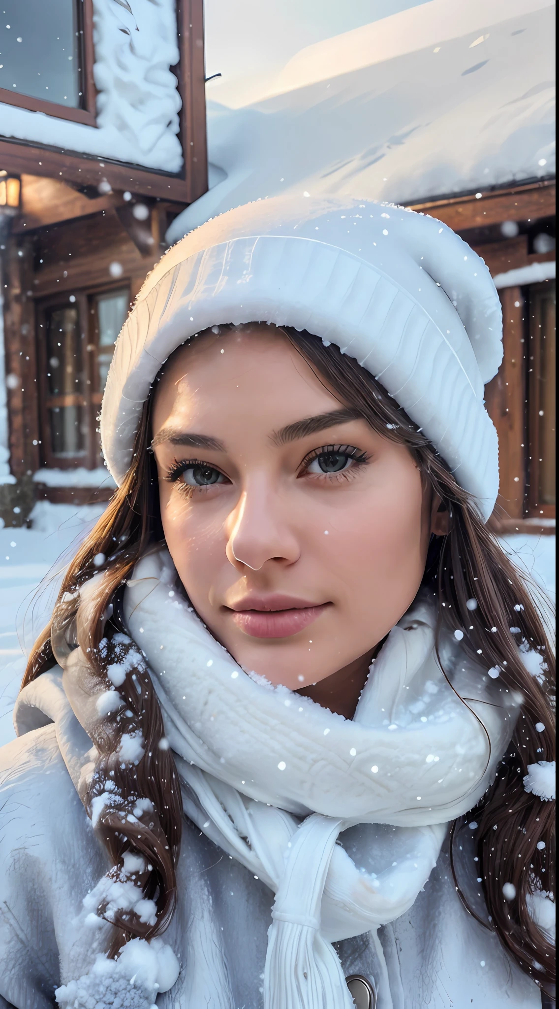 1girl, perface face, beauty face, realistic, wearing a winter jacket, wearing a scarf, wearing a winter beanie, ((house setting, snow detail, snow, light detail)), other details, light reflections, 8k, ultrahd, best quality