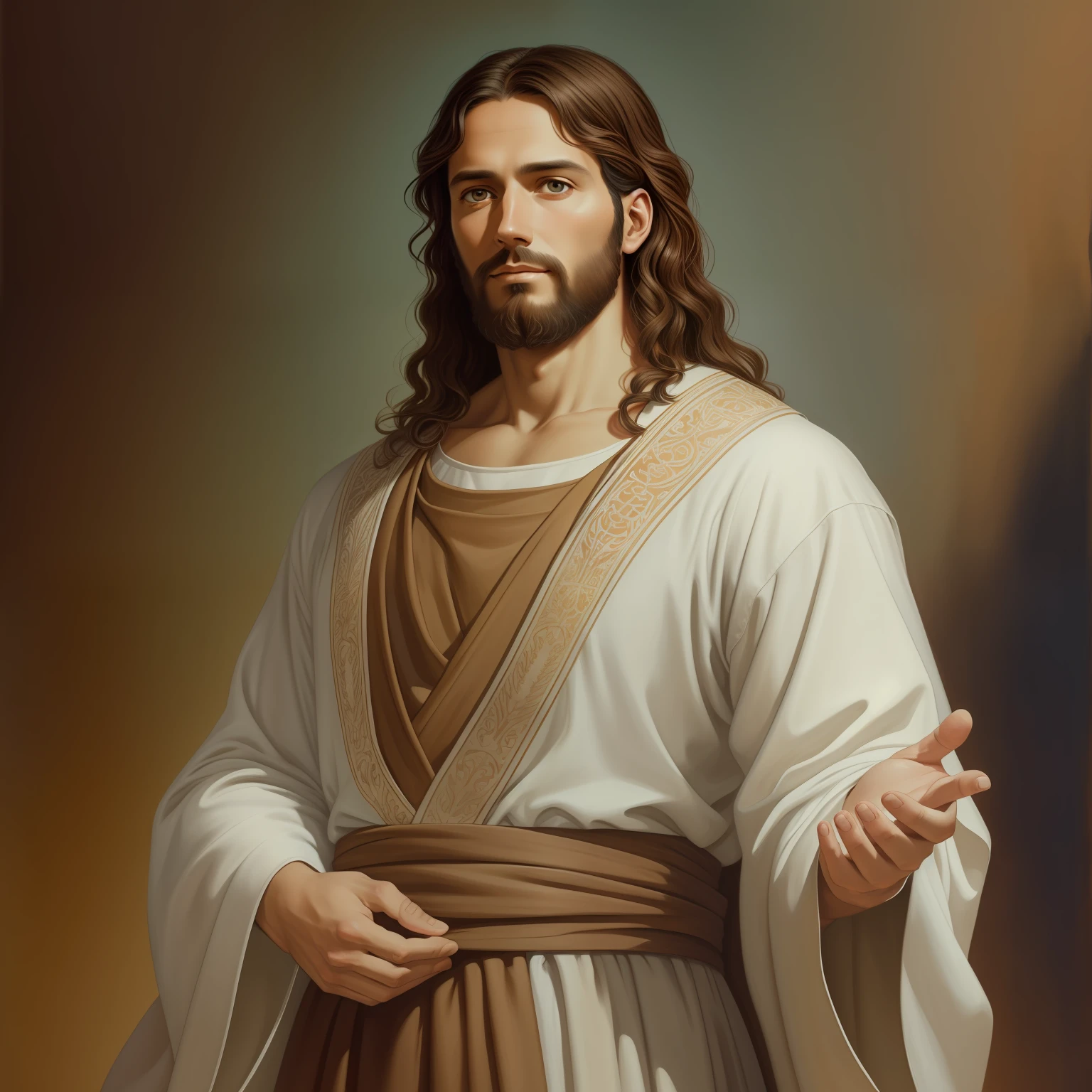 A beautiful ultra-thin realistic portrait of Jesus, the prophet, a man 33 years old Hebrew brunette, short brown hair, long brown beard, wearing long linen tunic closed on the chest part, in front view, full body, biblical, realistic,by Diego Velázquez,Peter Paul Rubens,Rembrandt,Alex Ross,8k, Concept Art, PhotoRealistic, Realistic,  Illustration, Oil Painting, Surrealism, HyperRealistic, pray , Digital art, style, watercolor, natural background