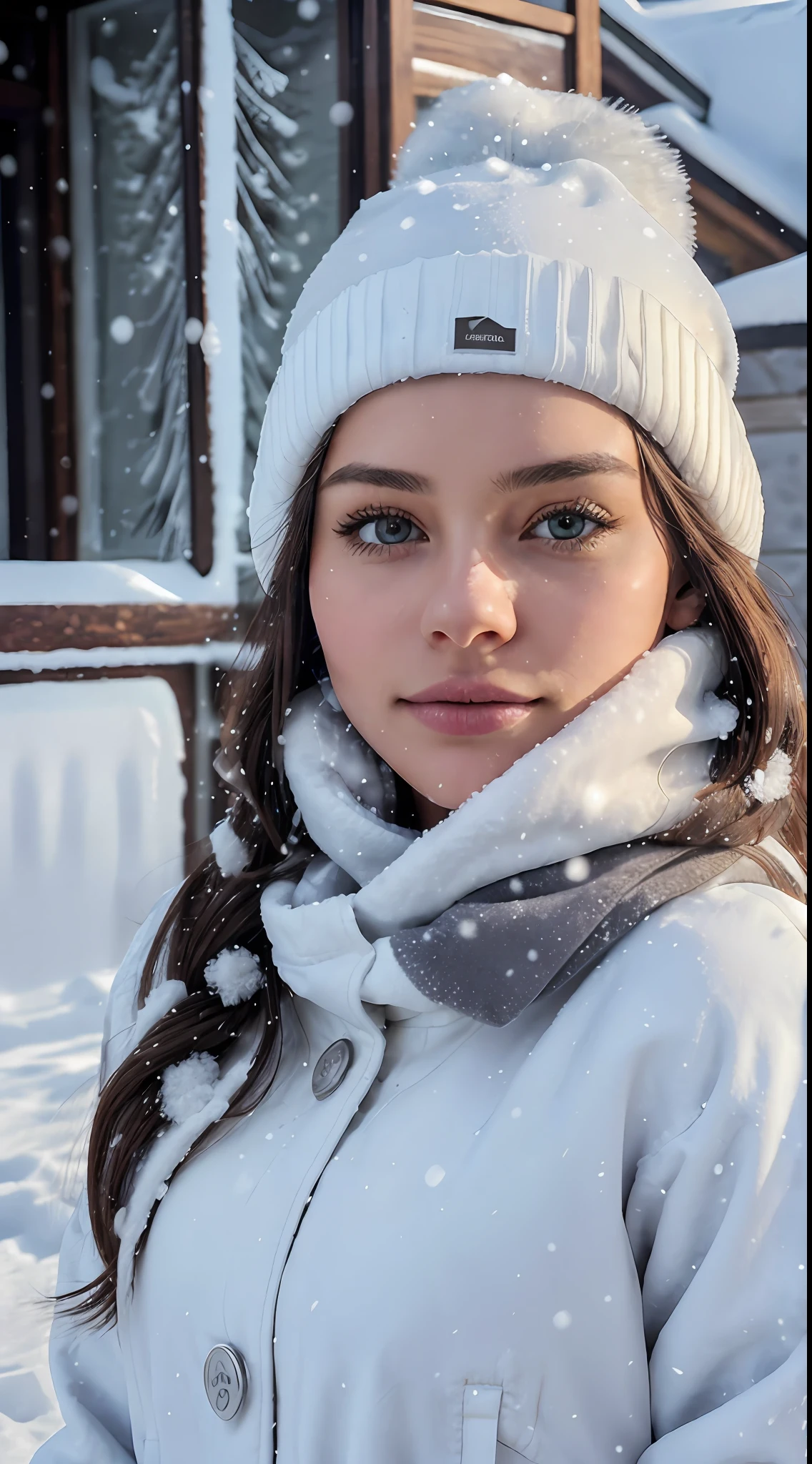 1girl, perface face, beauty face, realistic, wearing a winter jacket, wearing a scarf, wearing a winter beanie, ((house setting, snow detail, snow, light detail)), other details, light reflections, 8k, ultrahd, best quality