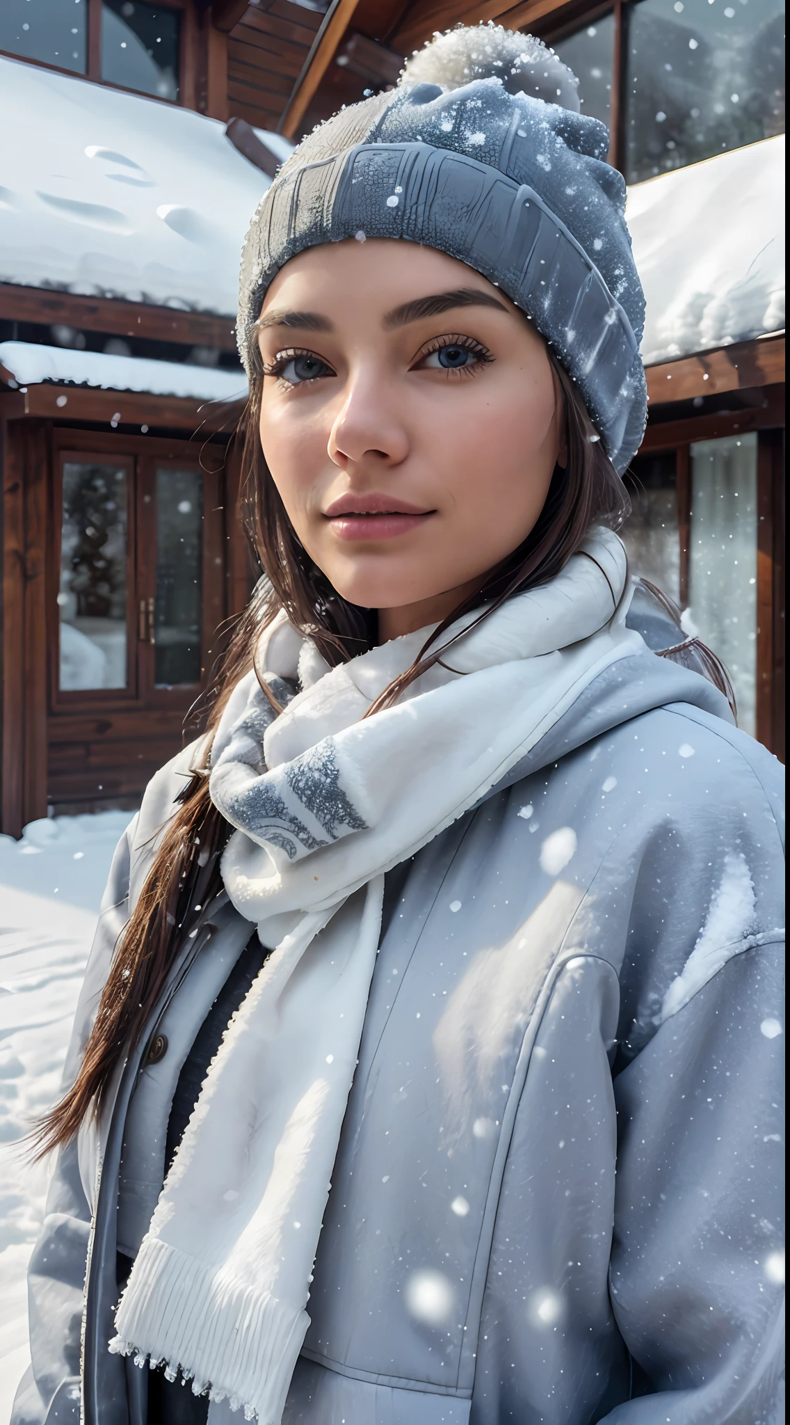 1girl, perface face, beauty face, realistic, wearing a winter jacket, wearing a scarf, wearing a winter beanie, ((house setting, snow detail, snow, light detail)), other details, light reflections, 8k, ultrahd, best quality