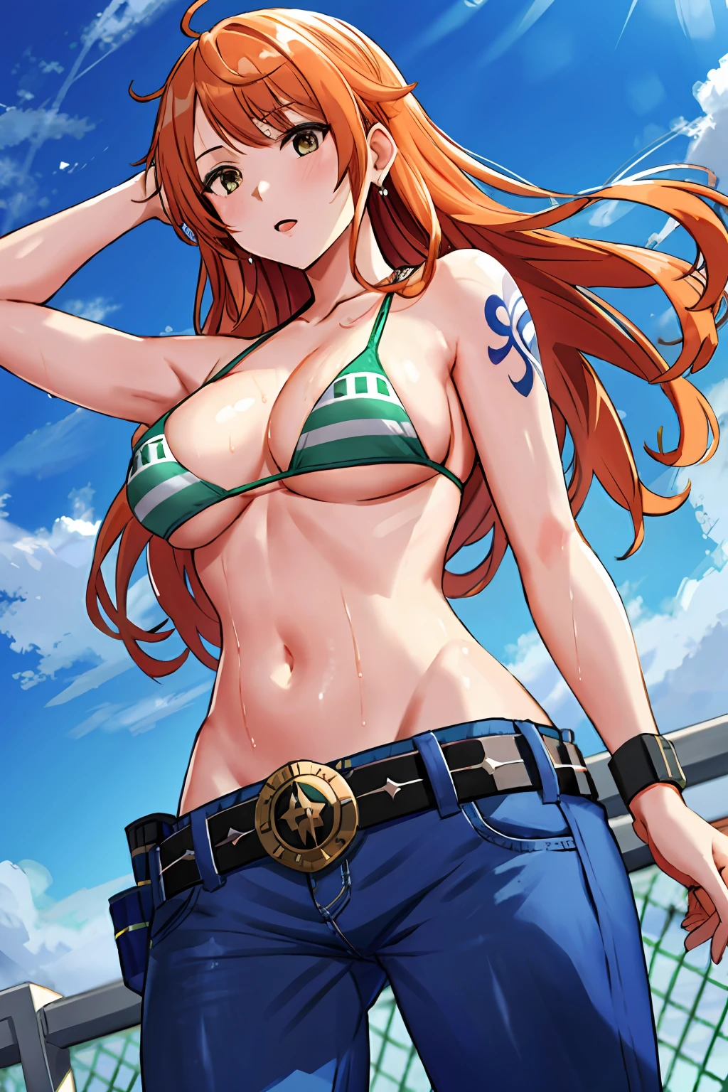 detailed background, masterpiece, 4k, best quality, late youth, adult, wrestler body, 1girl, active, energic, uppercut, (large mouth) , solo, nami \(one piece\), 1girl, bangle, (very wet, drenched in sweat, sweat all over body, very wet hair, tired, taking breath, open mouth, sweaty face, sweaty body, panting, sweating too much, shiny sweat, sweat stains, leaning forward, tilting, waving good bye with both hands), perfect detailed face, bold drawing lines, muscular arms, detailed bold arm lines, flat jaw, adult woman, wavy wide streaked bangs, very long left side bangs, floating bang streaks, (big cheeks), bare shoulders, off-shoulders, belt, bikini, bikini top only, blue sky, bracelet, springy breasts, breast lines, big round eyes, plain big brown shiny eyes, bubbles, high eye position, cleavage, cloud, day, denim, earrings, floating hair, shiny hair, green belt, green bikini, bold groin lines, jeans, jewelry, large breasts, log pose, long hair, looking at viewer, navel, wet hair, orange hair, pants, shoulder tattoo, sidelocks, sky, solo, standing, stomach, swimsuit, tattoo , looking at viewer, open mouth, detailed left arm, big forehead, hourglass figure, small head, toned body, wide hair, wind effect, sun effect, under the sun, narrow small ears angle, older, random poses,