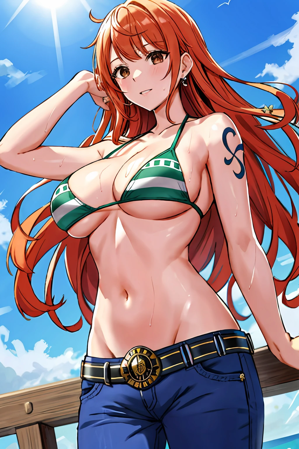 detailed background, masterpiece, 4k, best quality, late youth, adult, wrestler body, 1girl, active, energic, uppercut, (large mouth) , solo, nami \(one piece\), 1girl, bangle, (very wet, drenched in sweat, sweat all over body, very wet hair, tired, taking breath, open mouth, sweaty face, sweaty body, panting, sweating too much, shiny sweat, sweat stains, leaning forward, tilting, waving good bye with both hands), perfect detailed face, bold drawing lines, muscular arms, detailed bold arm lines, flat jaw, adult woman, wavy wide streaked bangs, very long left side bangs, floating bang streaks, (big cheeks), bare shoulders, off-shoulders, belt, bikini, bikini top only, blue sky, bracelet, springy breasts, breast lines, big round eyes, plain big brown shiny eyes, bubbles, high eye position, cleavage, cloud, day, denim, earrings, floating hair, shiny hair, green belt, green bikini, bold groin lines, jeans, jewelry, large breasts, log pose, long hair, looking at viewer, navel, wet hair, orange hair, pants, shoulder tattoo, sidelocks, sky, solo, standing, stomach, swimsuit, tattoo , looking at viewer, open mouth, detailed left arm, big forehead, hourglass figure, small head, toned body, wide hair, wind effect, sun effect, under the sun, narrow small ears angle, older, random poses,