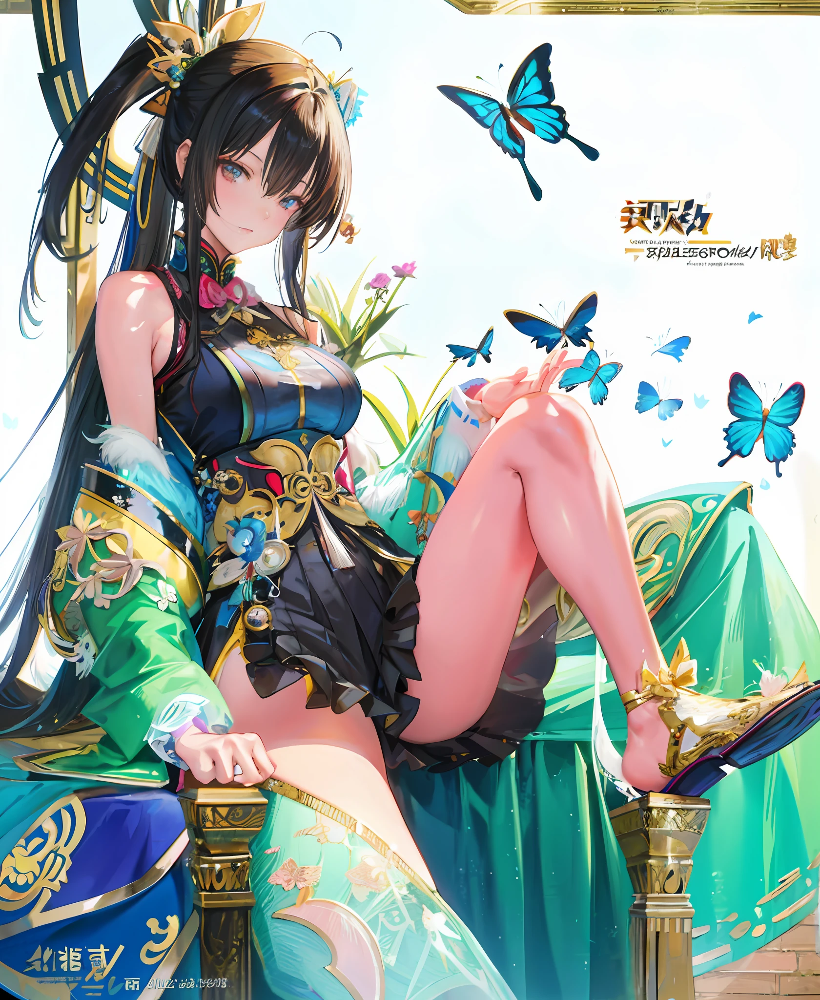 Anime girl with long hair and butterfly wings sitting on chair, full-body xianxia, author：Shitao, seductive anime girls, highly detailed exquisite fanart, Detailed fanart, beautiful anime girl crouching, Smooth anime CG art, Extremely detailed Artgerm, Guviz, by Yang J, beautiful and seductive anime woman, anime moe art style, from girls frontline