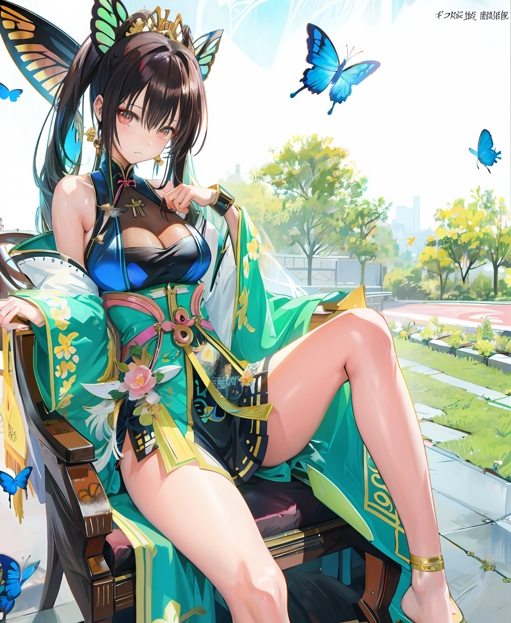 Anime girl with long hair and butterfly wings sitting on chair, full-body xianxia, author：Shitao, seductive anime girls, highly detailed exquisite fanart, Detailed fanart, beautiful anime girl crouching, Smooth anime CG art, Extremely detailed Artgerm, Guviz, by Yang J, beautiful and seductive anime woman, anime moe art style, from girls frontline