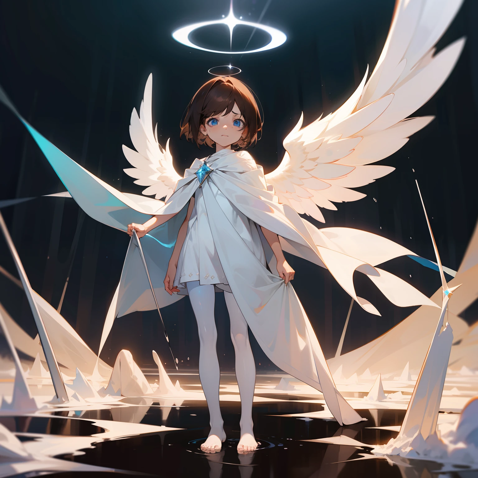 Empty eyes, blue crystal eyes, crystal like eyes, short hair, brown hair, ear length ear, fluffy hair, halo, angel wings, white long shawl, pale, barefoot with pantyhose, no shoes, pantyhose, looking down at their corpse, night time, dark, glow around character, frowning, dark hair, dark brown hair, very short hair, androgynous, child, young kid, bloody, on road, bloody road, lots of blood, bloody shawl, bloody feet, empty eyes, swept bangs, standing up, looking at ground, looking down at corpse, horror. car light in background
