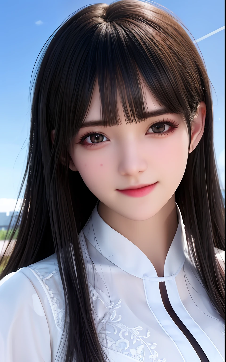 ulzzang -6500-v1.1, (Photorealsitic:1.4), animesque、anime styled、ssmile、portraitures、Beautiful, Moist eyes like clear glass、Beautiful detailed woman, extremely detailed eye and face, Beautiful detailed eyes, Brown hair、huge filesize, ultra-detailliert, hight resolution, ighly detailed, top-quality, ​masterpiece, illustratio, ighly detailed, nffsw, unification, 8k wallpaper, splendid, finely detail, ​masterpiece, top-quality, Highly detailed ticker uniform 8K wallpaper, Light on the Face、电影灯光、19-year-old girl