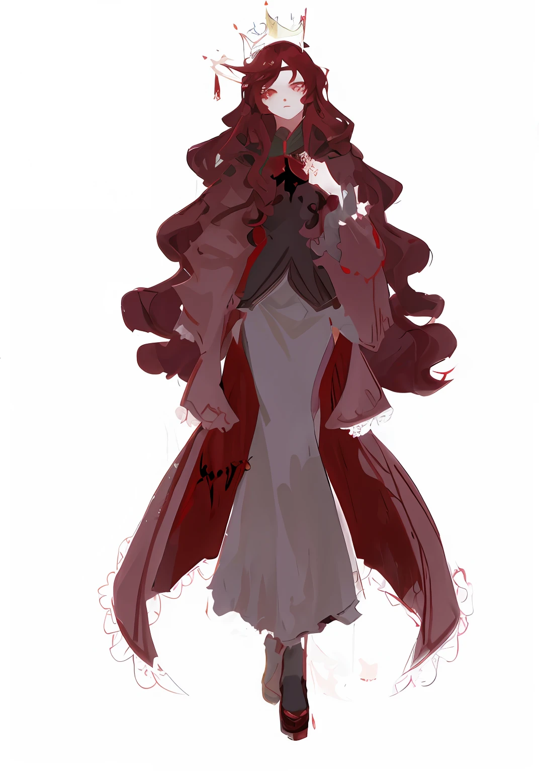 Anime style - female characters in aristocratic robes and capes，Dressed in gorgeous red costumes，Bloody concept art，Gorgeous full-body illustration，With crown and big wavy hair。