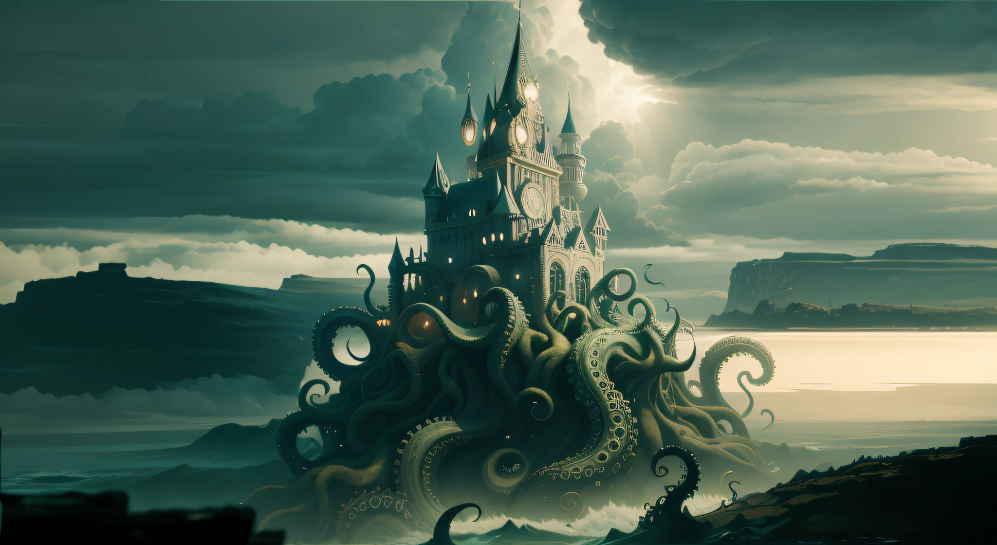 8k,Foto RAW,melhor qualidade, master part: 1.2, detalhes intrincados, papel de parede, ultra high-resolution), (Realistic), There is an image of a magnificent castle with octopus tentacles in the water and between mountains, Vales, desfiladeiro, um mar revolto, ondas grandes, ondas batendo nos rochedos, paisagem lovecraftiana, Fundo Lovecraftiano, detailed cinematic render, 8 k cg render, artistic work, alta qualidade, Inspirado em Lovecraft, inspirado em H.P. Lovecraft, Foto Cthulhu, lovecraftian inspiration, Lula de Cthulhu, lovecraft illustration, Atmosfera lovecraftiana, Onde os horrores lovecraftianos vagam, lovecraft horror, Arte Lovecraft, leviathan cthulhu squid, sombrio, aterrorizante, mas bonito, um sonho, pesadelo.